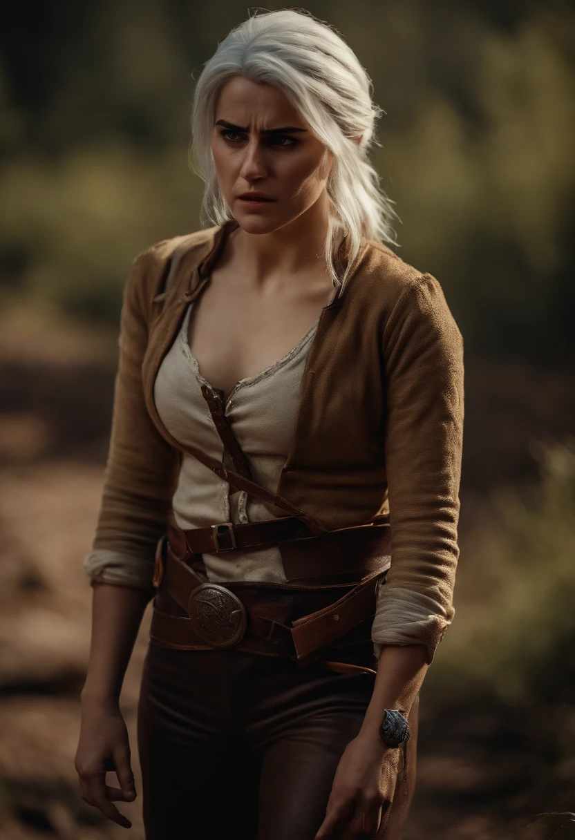 She At A Gun Point,Ciri From The Witcher III, (((pee stain))), brown leggings, worried, embarrassed, (standing)(((scared)))