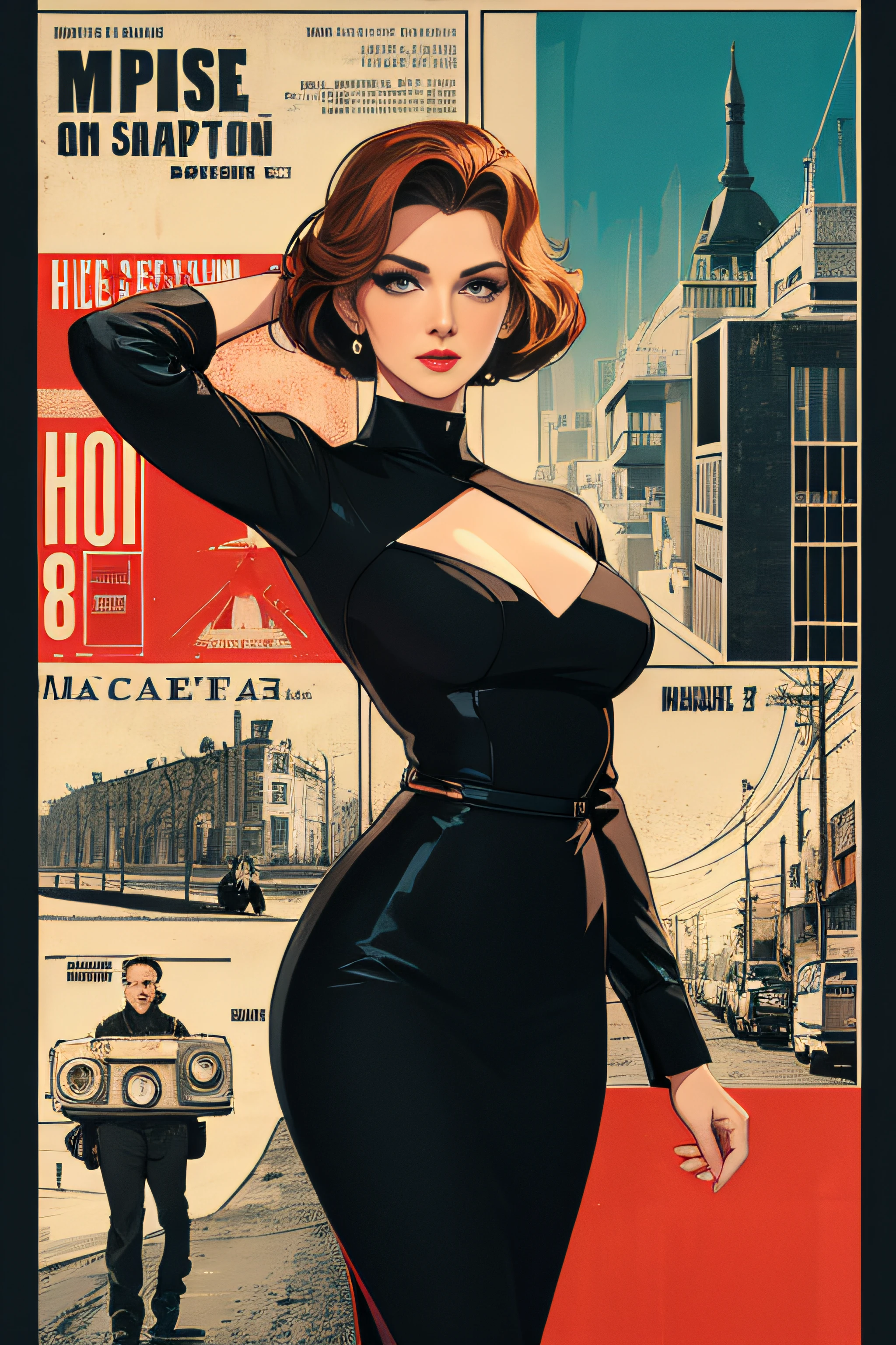(Masterpiece, Best Quality), 8k Wallpaper, highly detailed, poster, vintage spy film, 1960s, sexy erotic female, spy thriller cinematic movie poster, Blaxploitation, shapes, lines, abstract, propaganda, mid century modern, movie poster, vintage,