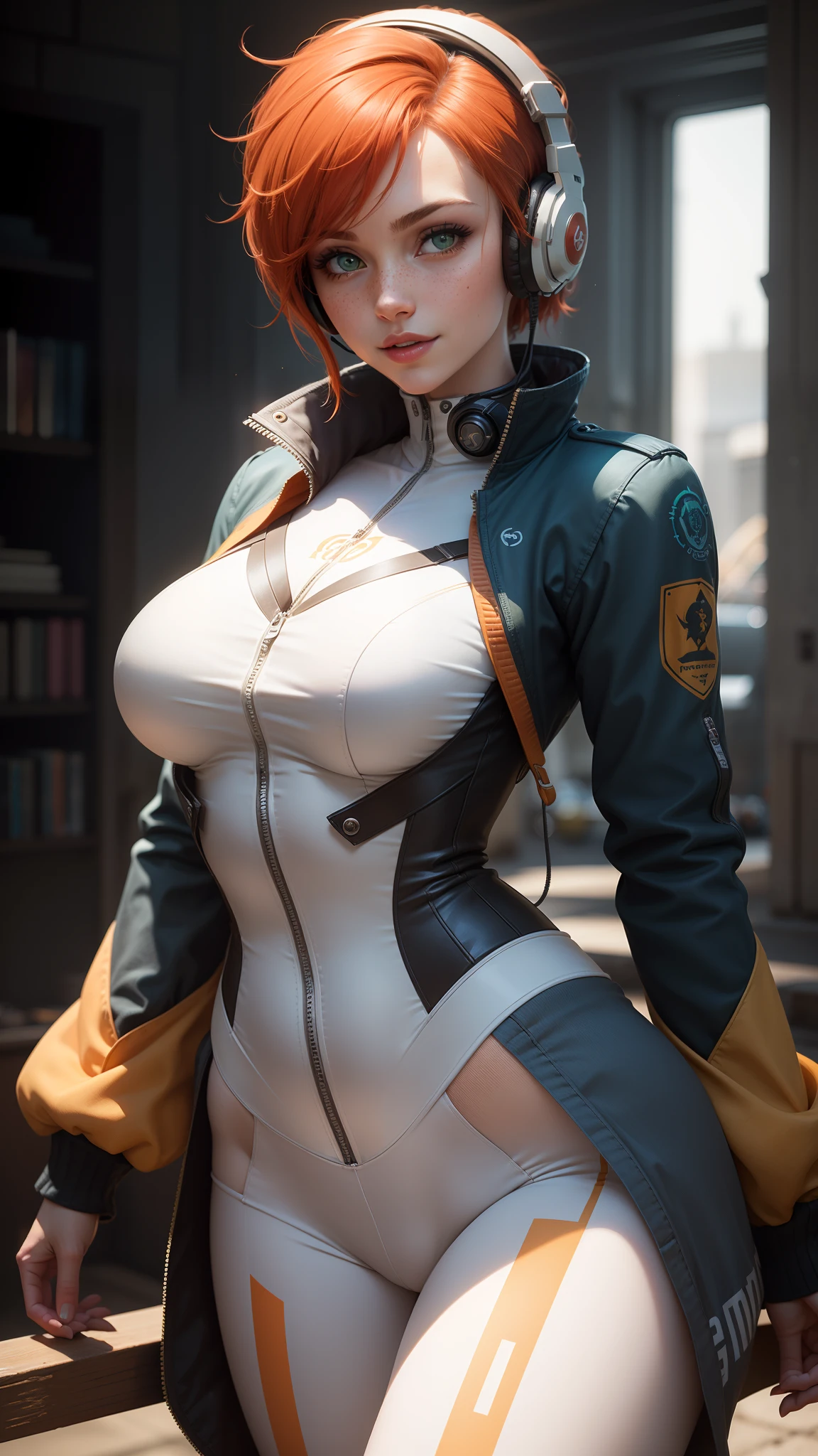 gwen tennyson,1girl,tracer,elsa,rebecca chambers,overwatch,gundam,close up,mecha pilot,battleship deck,white and blue plugsuit,hair pin,pirate corset, white long sleeve lycra top,orange leggings,short hair,cute makeup,green eyes,orange and blue hair,shy smile, freckles,redhead,beautiful girl,large breasts,ultra detailed,realistic,fantasy art, gaming headset,pilot jacket,helicopter,