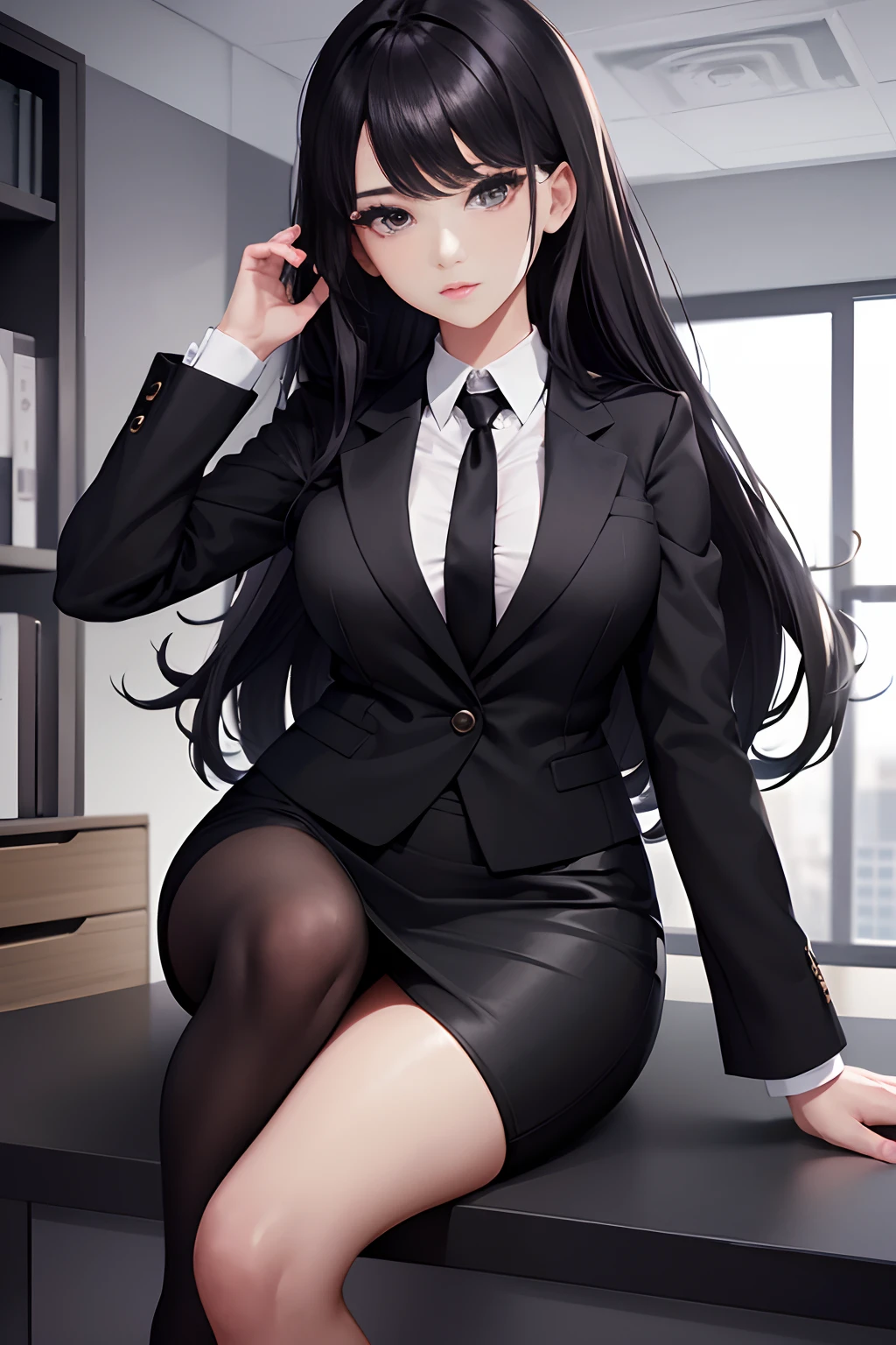 Officelady、Black jacket、Black tight skirt、White blouse、Black tights、High pumps with black heels、Black hair、s Office、lana、Beautiful woman、gazing at viewer、Looking here、hight resolution、top-quality、full body Esbian、animations、illustratio、Ultra-detailed delicacy