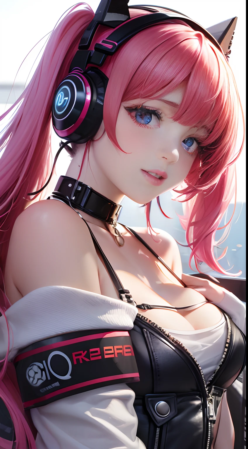 （（best qualtiy））， （（tmasterpiece））， （detail：1.4）， Beautiful Cyberpunk Woman Image，headphones、Heart-shaped choker、sixteen years old,　nffsw（HighDynamicRange），Ray traching，NVIDIA RTX，Hyper-Resolution，illusory 5，Sub-surface scattering，PBR Textures，post processed，Anisotropy Filtering，depth of fields，maximum definition and sharpness，multi-layer texture，Albedo e mapas Speculares，Surface Coloring，Mitsu-Accurate simulation of material interactions，Perfectly proportioned，rendering by octane，Two-colored light，Large aperture，Low ISO，White Balance，Rule three points、8K raw data、Beautiful bright red pupils，Off-the-shoulder clothing，Fine pupils，Delicate face and eyes，long eyelasher，Blushlush，Delicate and fluffy hair，Pink twin tail hair with light blue gradient，lip，pure，Cute face，Sweet girl，Artistic sense，Casual wear，Advanced Sense、,　Beautiful Hair Accessories，long hair and waist，Hair fluttering in the wind，gazing at viewer、front facing、A slight smil