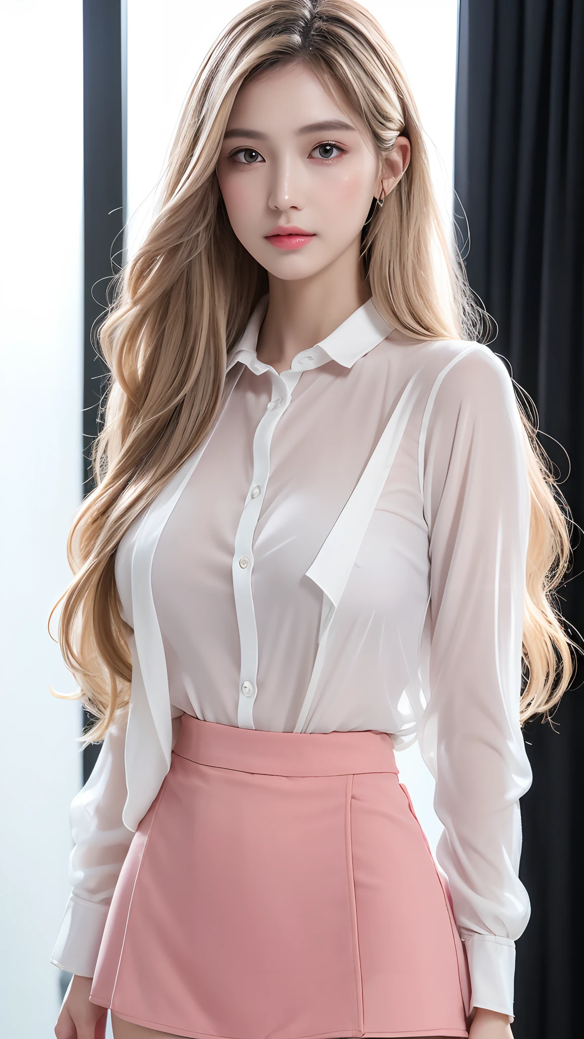 ((Best quality, 8k, Masterpiece :1.3)), Sharp focus :1.2, A pretty girl with perfect figure :1.4, Slender abs :1.3, Raw photography、超A high resolution, full body, fair white skin、shiny white skin、(wavy blonde hair)、dark brown hair、super fine eyes, super fine hand, super fine finger、Beautiful eyes with random colors、very thin lips, finely detail、elongated eyes、pale pink blush、long eyeslashes、Beautiful double eyelid、Lighting that emphasizes beautiful skin、Lustrous skin 2, ((Layered long hair, Big breasts :1.2)), Open shirt show , (detailed ), (see throught ), ((detailed transparent body suit )), ((detailed face )), ((detailed tight short skirt), water shower, luxury office :1.4, Highly detailed face and skin texture, Detailed eyes, Double eyelid