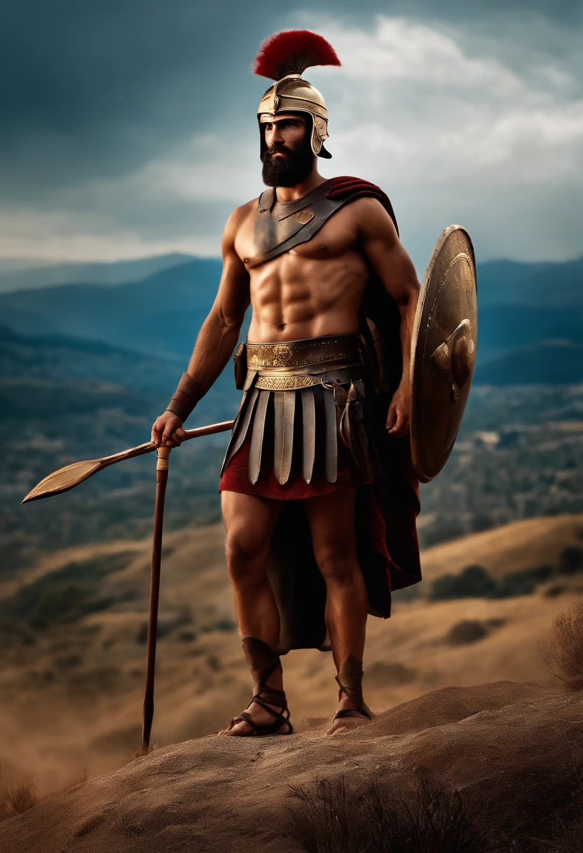 sparta soldier, standing on hill, holding a spear, ancient greece background