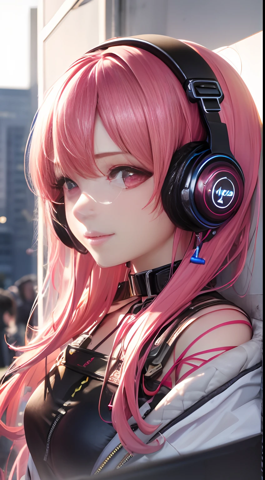 ((best qualtiy)), ((tmasterpiece)), (detail:1.4), Beautiful Cyberpunk Woman Image,headphones、Heart-shaped choker、, nffsw(HighDynamicRange),Ray traching,NVIDIA RTX,Hyper-Resolution,illusory 5,Sub-surface scattering,PBR Textures,post processed,Anisotropy Filtering,depth of fields,maximum definition and sharpness,multi-layer texture,Albedo e mapas Speculares,Surface Coloring,Mitsu-Accurate simulation of material interactions,Perfectly proportioned,rendering by octane,Two-colored light,Large aperture,Low ISO,White Balance,Rule three points、8K raw data、Beautiful bright red pupils,Off-the-shoulder clothing,Fine pupils,Delicate face and eyes,long eyelasher,Blushlush,Delicate and fluffy hair,Pink twin tail hair with light blue gradient,lip,pure,Cute face,Sweet girl,Artistic sense,Casual wear,Advanced Sense、, Beautiful Hair Accessories,long hair and waist,Hair fluttering in the wind,gazing at viewer、front facing、A slight smil