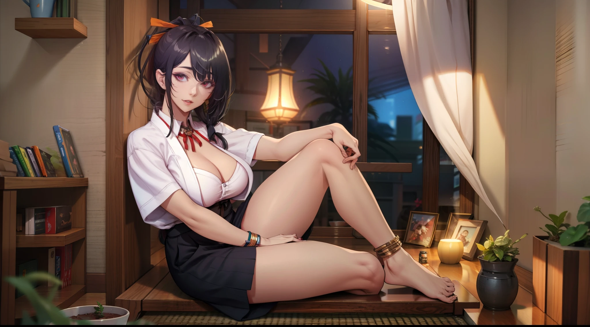 himejima_akeno, (black hair, ponytail, long hair, ribbon:1.6) 1girl, breasts, bottle, solo, sitting, indoors,  large_breasts, barefoot, bookshelf, plant, lamp, lantern, looking_at_viewer, japanese_clothes, potted_plant, bracelet, anklet, cleavage, short_sleeves, glow effects, godrays, Hand drawn, render, 8k, octane render, cinema 4d, blender, dark, atmospheric 4k ultra detailed, cinematic, Sharp focus, big depth of field, Masterpiece, colors, 3d octane render, 4k, concept art, trending on artstation, hyperrealistic, Vivid colors, extremely detailed CG unity 8k wallpaper, trending on CGSociety, Intricate, High Detail, dramatic