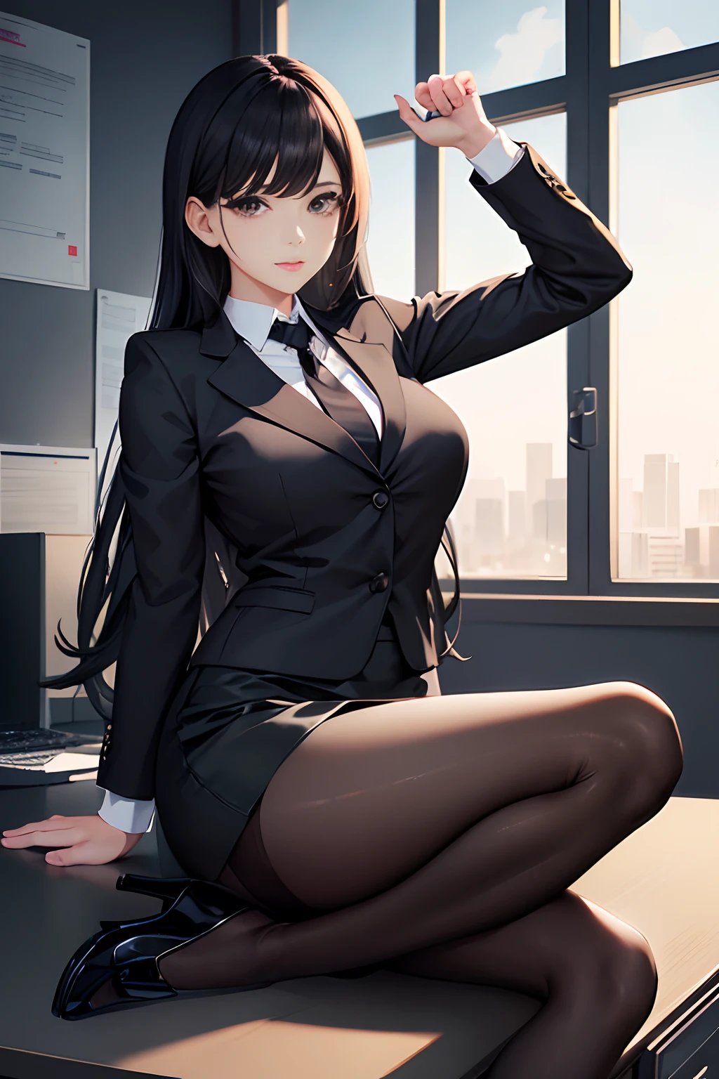 Officelady、Black jacket、Black tight skirt、White blouse、Black tights、High pumps with black heels、Black hair、s Office、lana、Beautiful woman、gazing at viewer、Looking here、hight resolution、top-quality、full body Esbian、animations、illustratio、Ultra-detailed delicacy