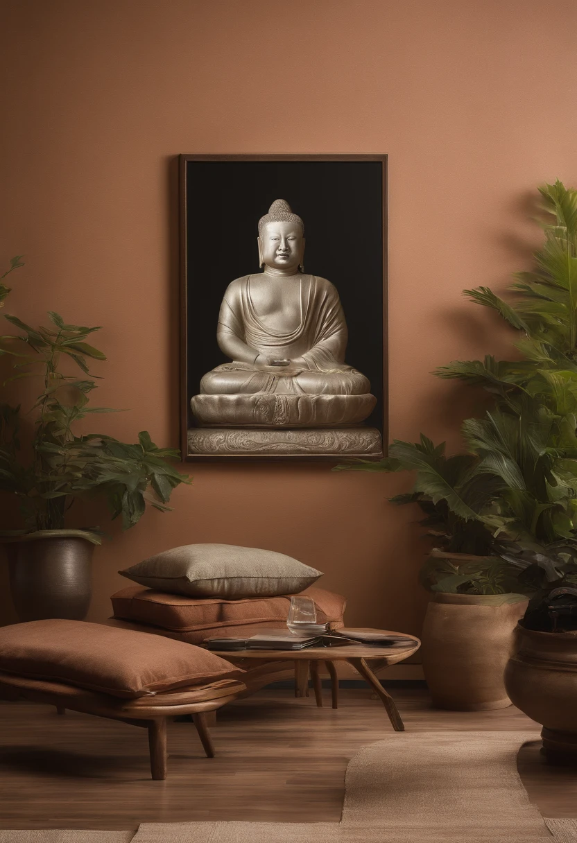 On the wall of the room there is a painting with a vase, Zen temple background, inspired by Emperor Huizong of Song, background depicting a temple, interior background art, personal room background, palace background, There is only one wall,planar,inspired by Ohara Koson, chinoiserie wallpaper