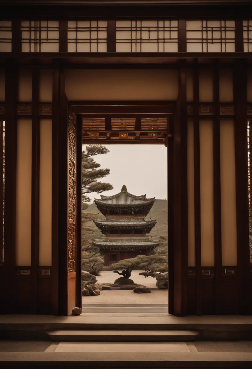On the wall of the room there is a painting with a vase, Zen temple background, inspired by Emperor Huizong of Song, background depicting a temple, interior background art, personal room background, palace background, There is only one wall,planar,inspired by Ohara Koson, chinoiserie wallpaper