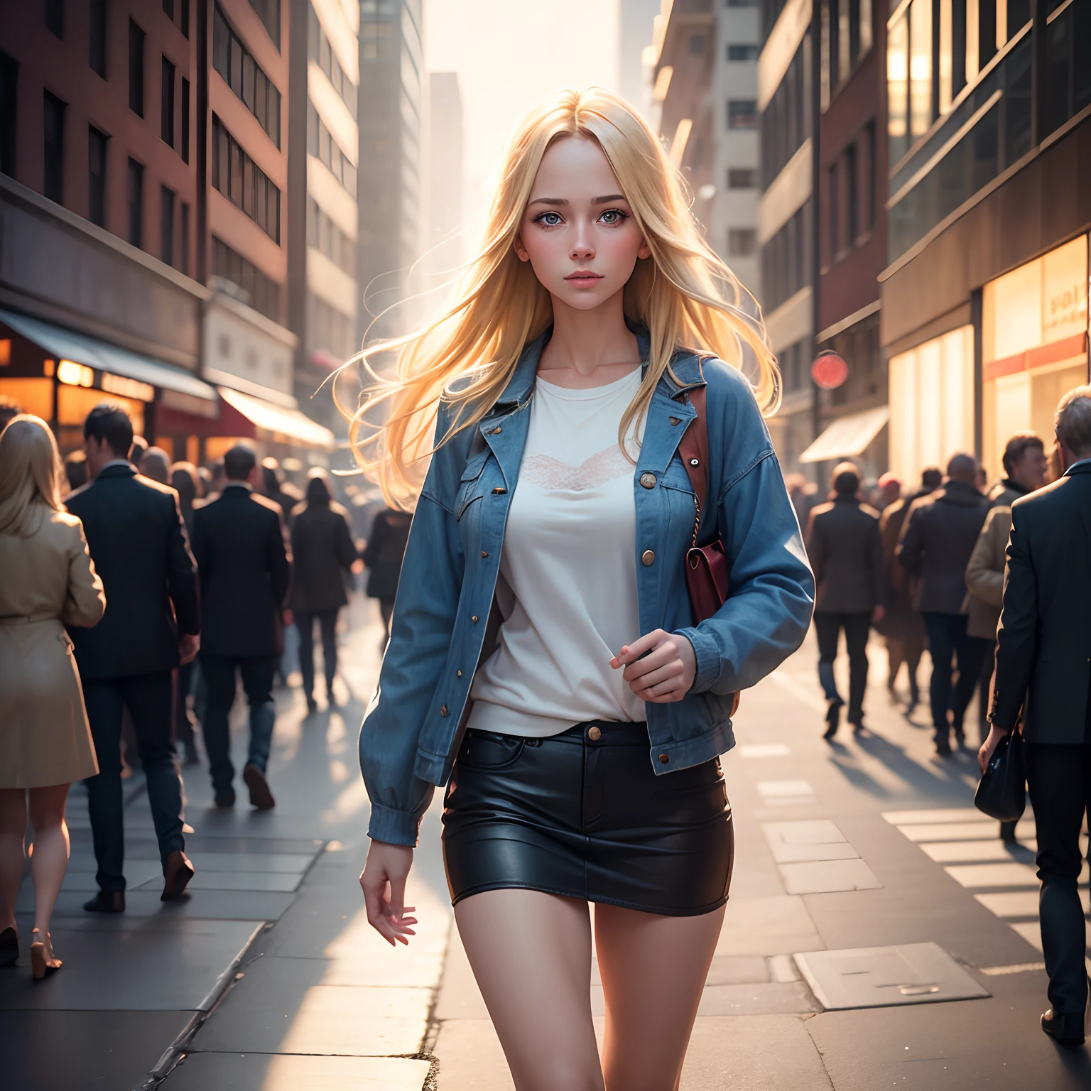 (best quality,photorealistic),1girl,,blonde hair,blue eyes,strolling on the street,crowd watching+[cityscape]+[pedestrians],sunlight filtering through buildings,vibrant colors,bokeh lights,hdr effect,ultra-detailed,portraits,professional painting techniques