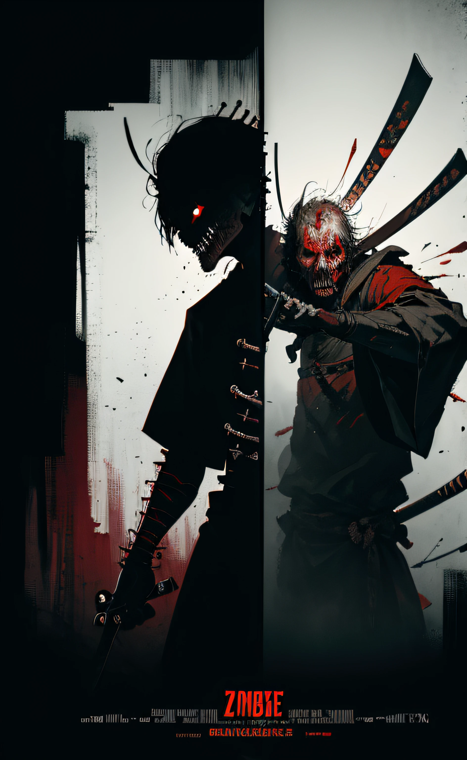 horror thriller movie poster, masterpiece, best quality, zombie samurai, (Bauhaus, shapes, lines, abstract:1.1)