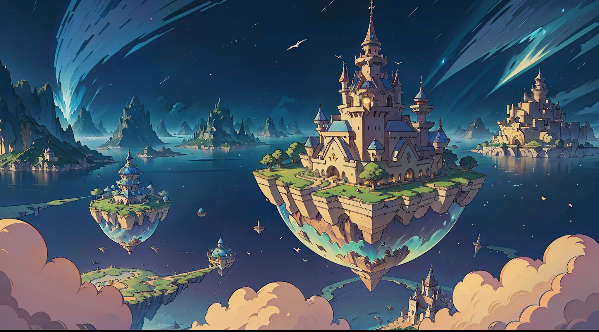 masterpiece, floating islands, Zeal city from Chrono Trigger, Pandora floating mountains, flying kingdom, fantasy rpg, fantasy floating mountains, bird's-eye view, far away view, distant stand point, distant view, many islands, many floating islands, group of floating islands