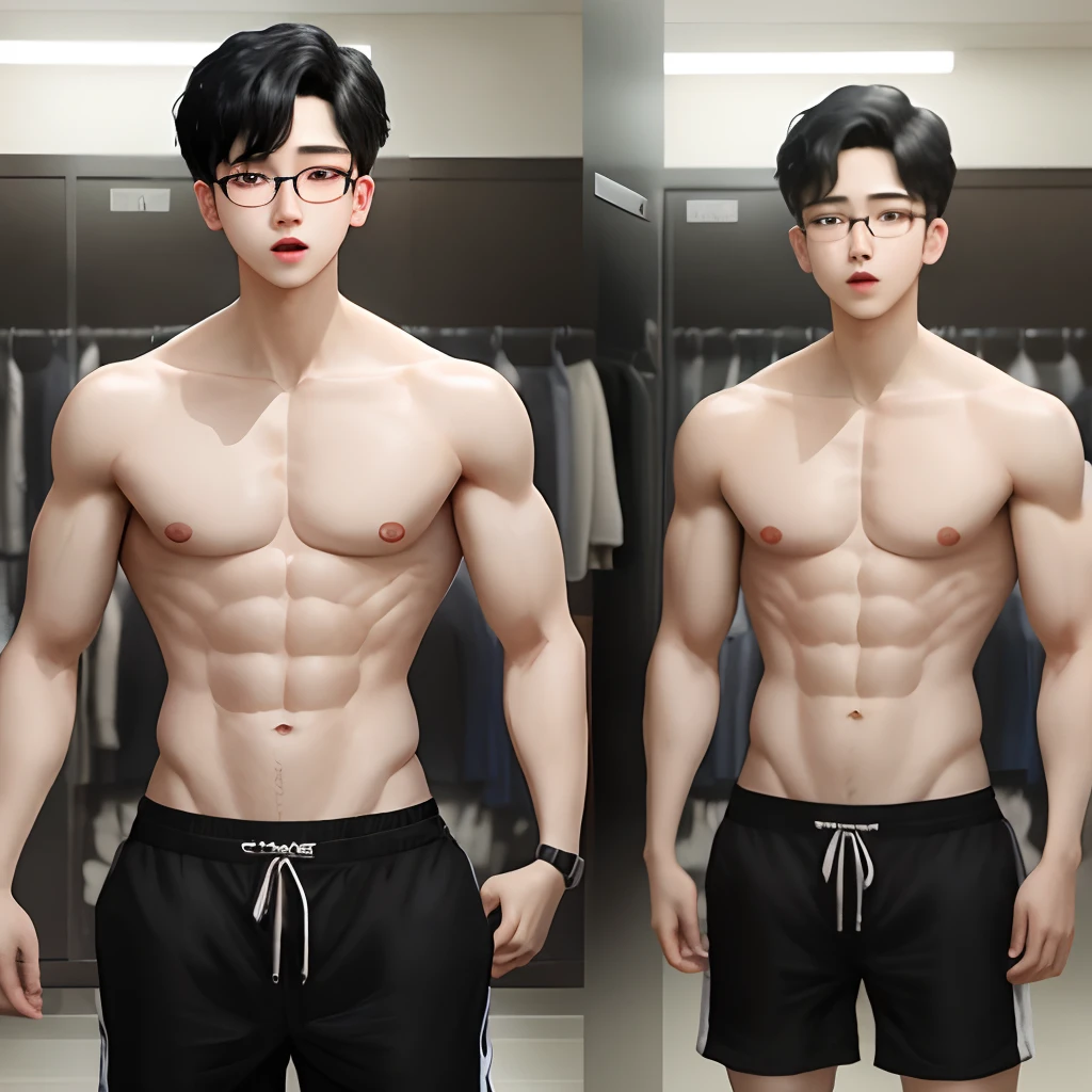 Seventeen's woozi with black hair and shirtless round glasses showing off her defined abs