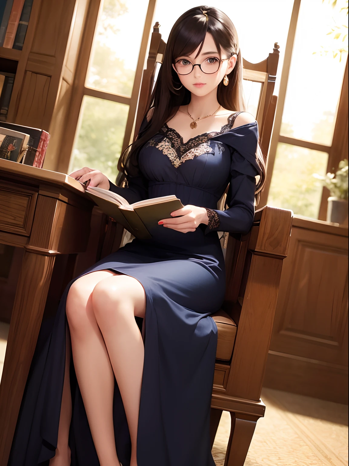 A gorgeous lady reading book, long dress, circular wide glasses