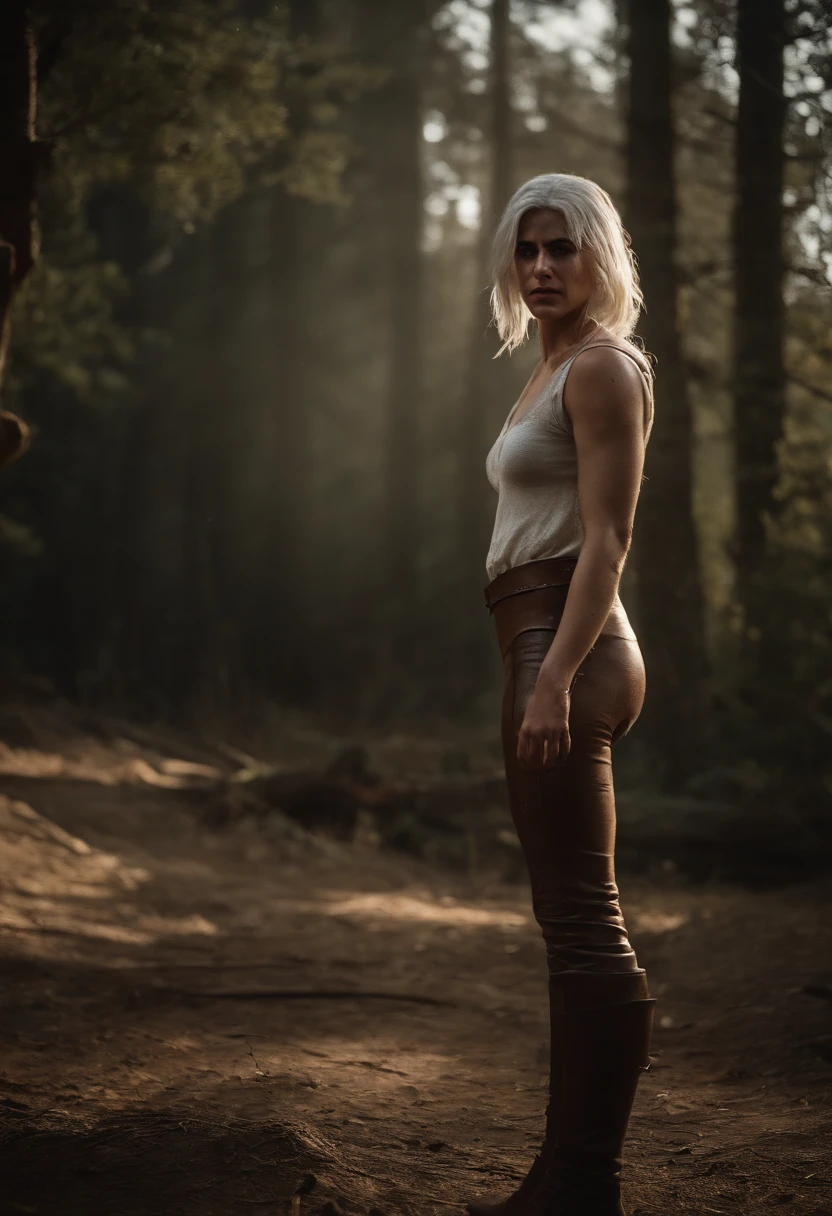 Attacked by monster,Ciri from The Witcher III the game, (((pee stain))), brown leggings, worried, embarrassed, (standing)(scared)