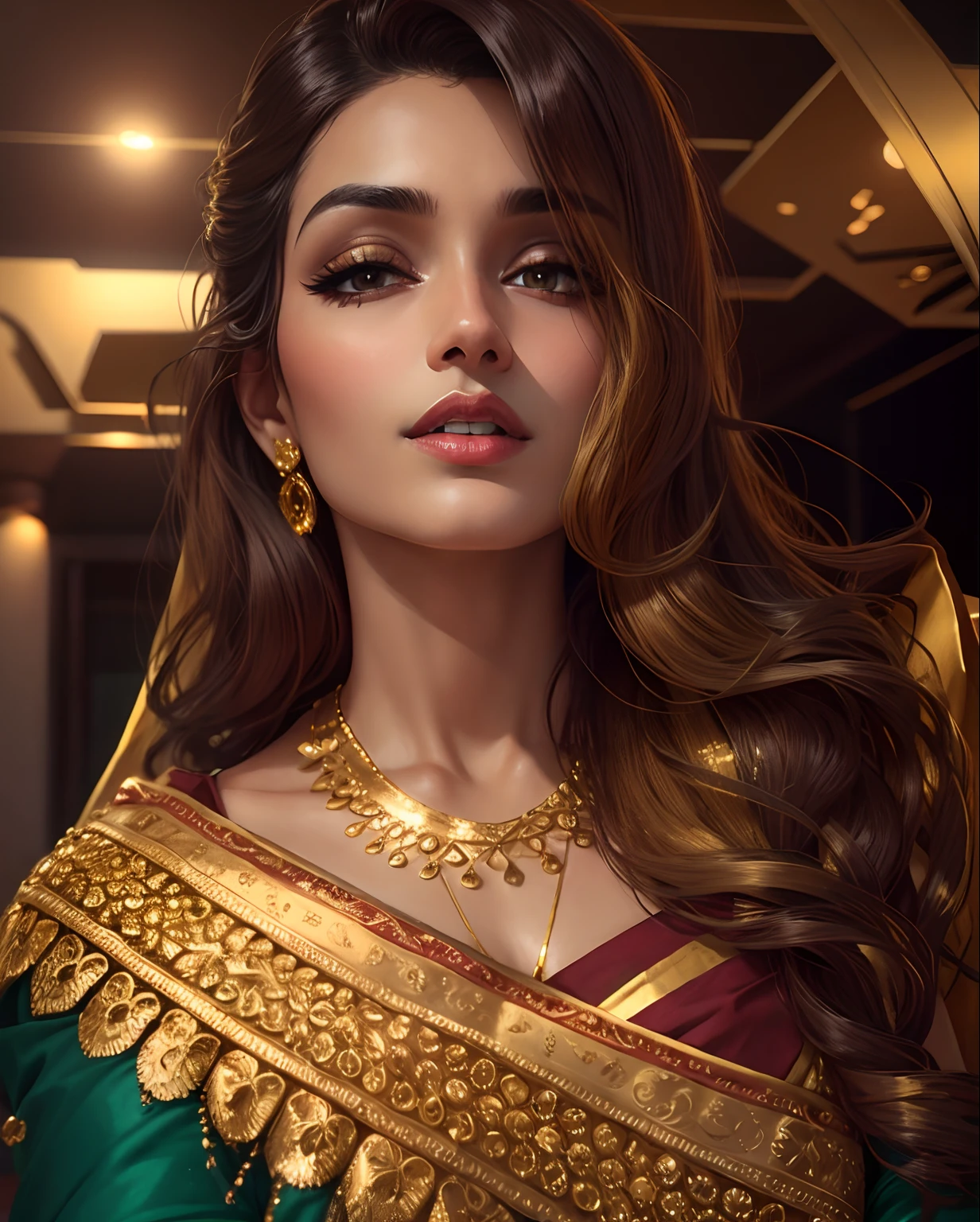 Gold jewellery + Golden saree + Realistic + day time