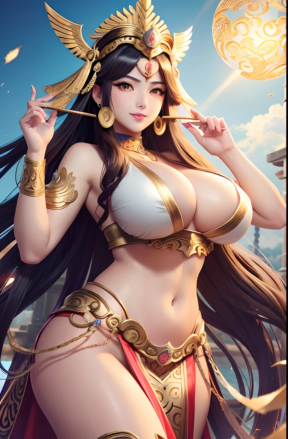 Anime, Athena, (Asian deity), goddess of wisdom, goddess of war, sleeveless, highly detailed face, highly detailed eyes, smokey eyes, extremely long curly hair, pretty face, brown eyes, full lips, wide open smile with parted lips, voluptuous body, large boobs, woman, Asian theme, cleavage,