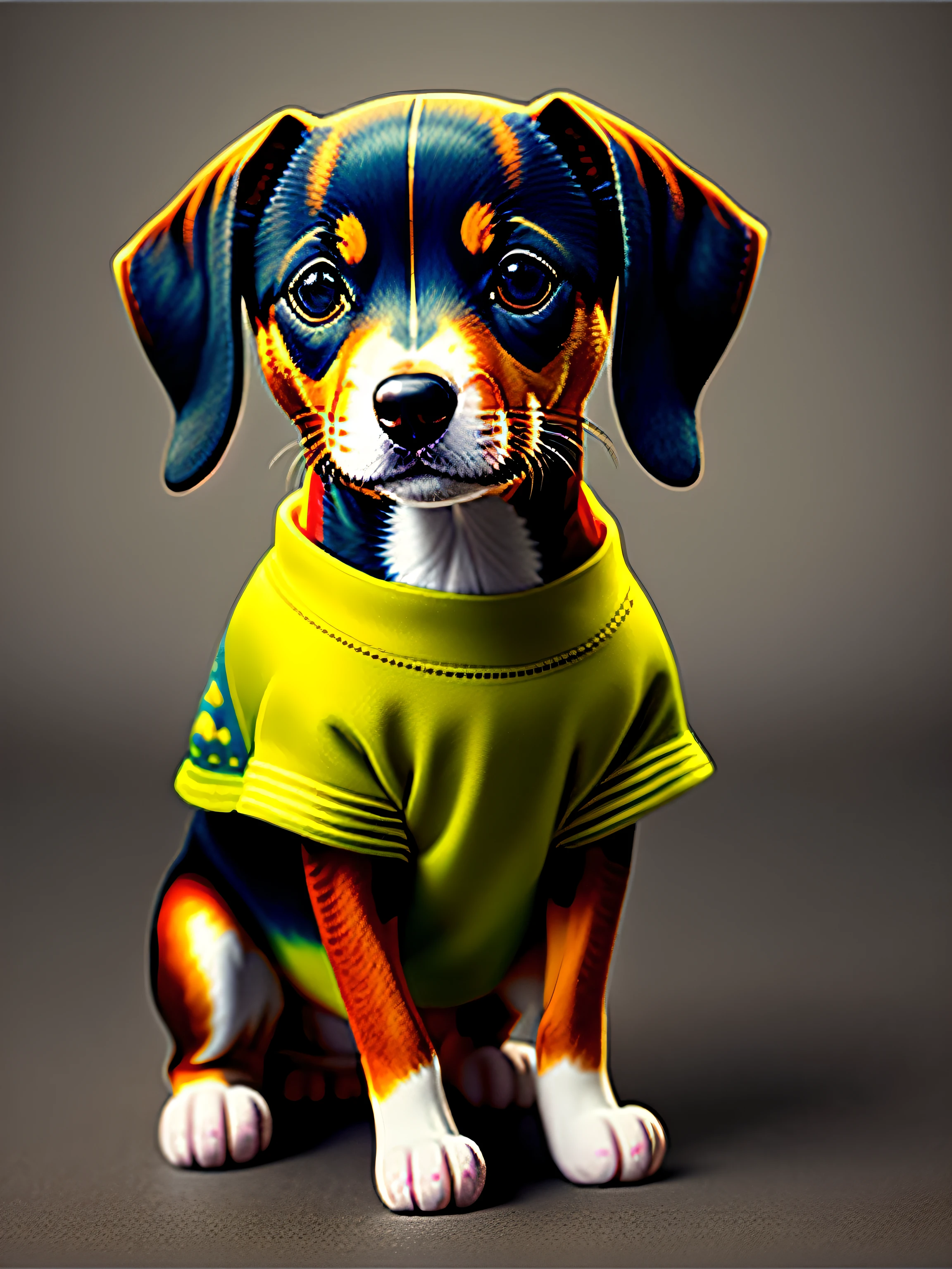 Bonito Pinscher Dog Pet sorrindo, Eat a piece of sausage, com terninho fit, Art Station Trend, vestido com roupas estilosas, hyper realistic detailed rendering, Brinquedo, Estilizado, vetorial pesado, membro de italiano, Estilo urbano, Pose intimidadora, planeta dos gatos, roupas da moda, guerreiro Urbano, Auuuu, West Slavic traits, 8 1 5