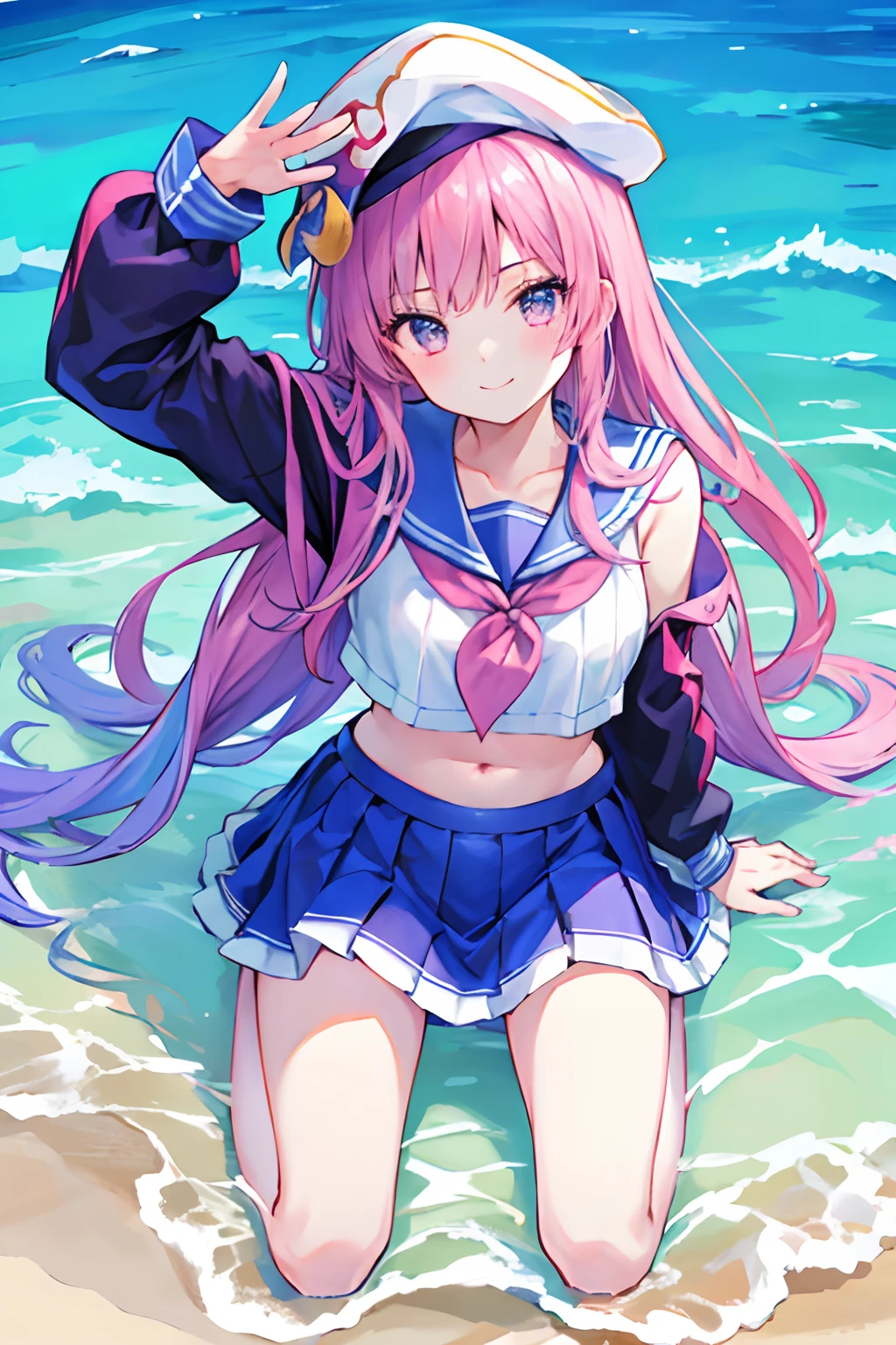 Sarah Clothes、Pink decoration、Navel、saluting、Marine Cap、Kneeling、Futomo、straight haired、full body Esbian、deph of field,Top image quality、Beautifully Aesthetic:1.2)、(1girl in:1.3)、（rainbow-colored hair、colourful hair、Half blue and half pink hair:1.2)、patterns、colourfull、the beach、Angle from above、a smile、Upper body