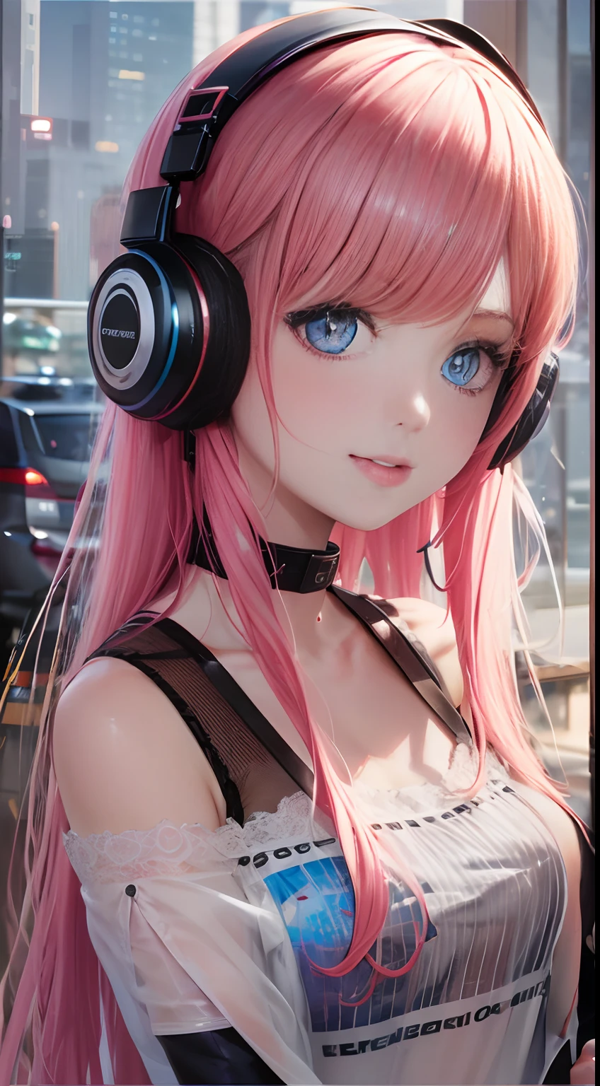 （（best qualtiy））， （（tmasterpiece））， （detail：1.4）， Beautiful Cyberpunk Woman Image，headphones、Heart-shaped choker、sixteen years old,　nffsw（HighDynamicRange），Ray traching，NVIDIA RTX，Hyper-Resolution，illusory 5，Sub-surface scattering，PBR Textures，post processed，Anisotropy Filtering，depth of fields，maximum definition and sharpness，multi-layer texture，Albedo e mapas Speculares，Surface Coloring，Mitsu-Accurate simulation of material interactions，Perfectly proportioned，rendering by octane，Two-colored light，Large aperture，Low ISO，White Balance，Rule three points、8K raw data、Beautiful bright red pupils，Off-the-shoulder clothing，Fine pupils，Delicate face and eyes，long eyelasher，Blushlush，Delicate and fluffy hair，Pink twin tail hair with light blue gradient，lip，pure，Cute face，Sweet girl，Artistic sense，Casual wear，Advanced Sense、,　Beautiful Hair Accessories，long hair and waist，Hair fluttering in the wind，gazing at viewer、front facing、A slight smil