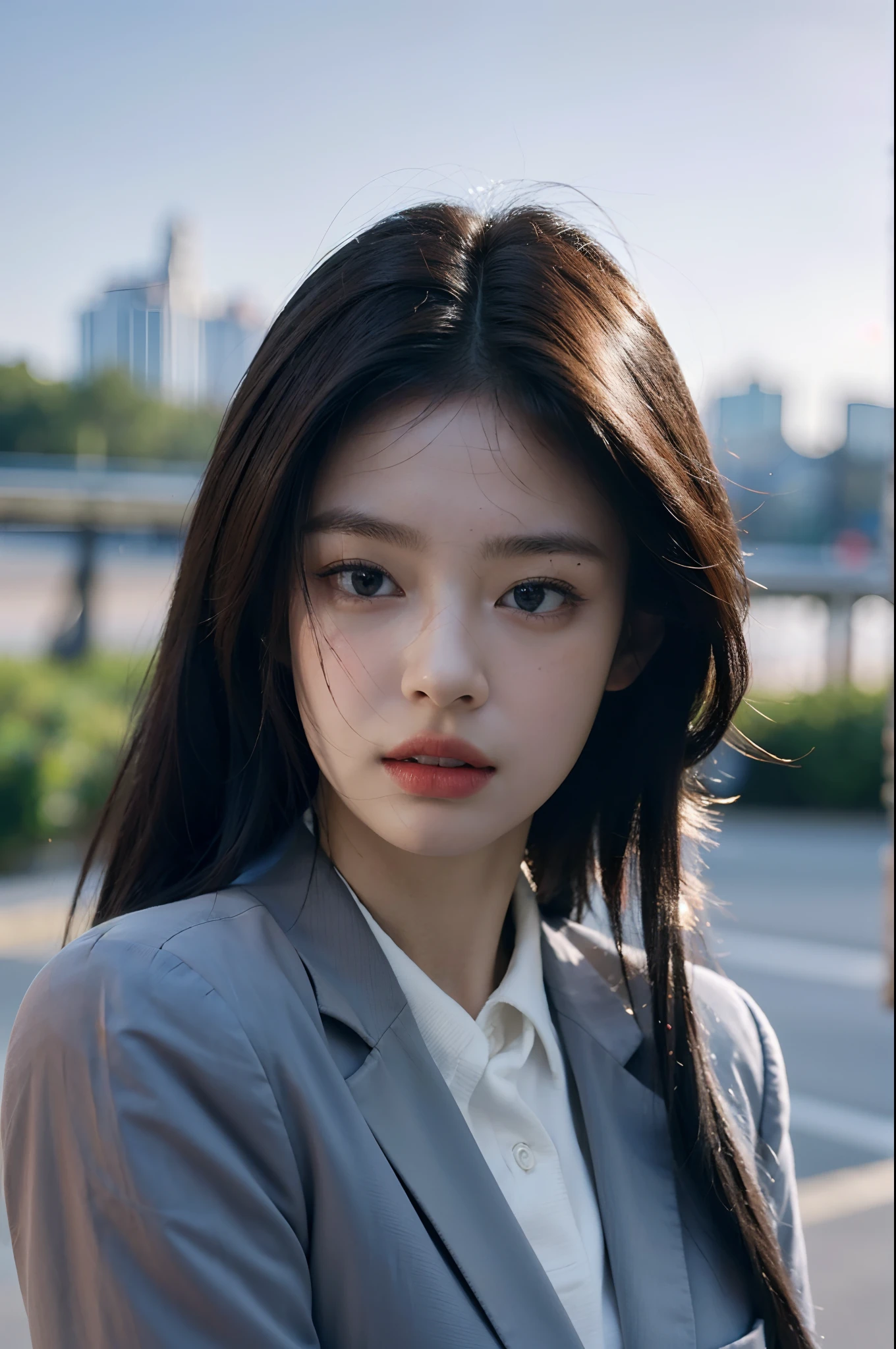 (best quality,4k,8k,highres,masterpiece:1.2),ultra-detailed,(realistic,photorealistic,photo-realistic:1.37)1girl,in the school,wearing school uniform, cool girl, with blazer gray color,17 years old girl, ethernal, beautiful detailed face,beautiful detailed eyes, dark hair, beautiful detailed uniform school