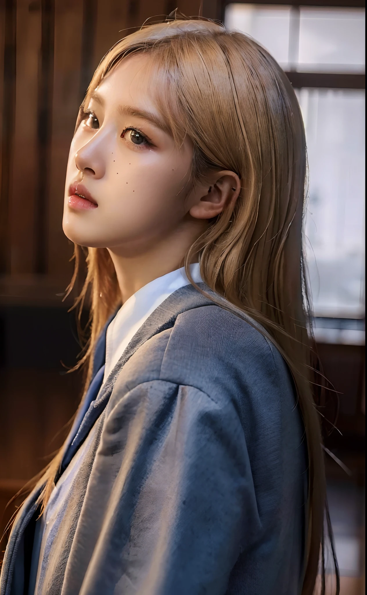 (best quality,4k,8k,highres,masterpiece:1.2),ultra-detailed,(realistic,photorealistic,photo-realistic:1.37), in the school, wearing korean uniform school,beautiful detailed eyes, beautiful detailed lips, extremely detailed eyes and face, blonde hair, class in the background, ethernal, beautiful detailed face