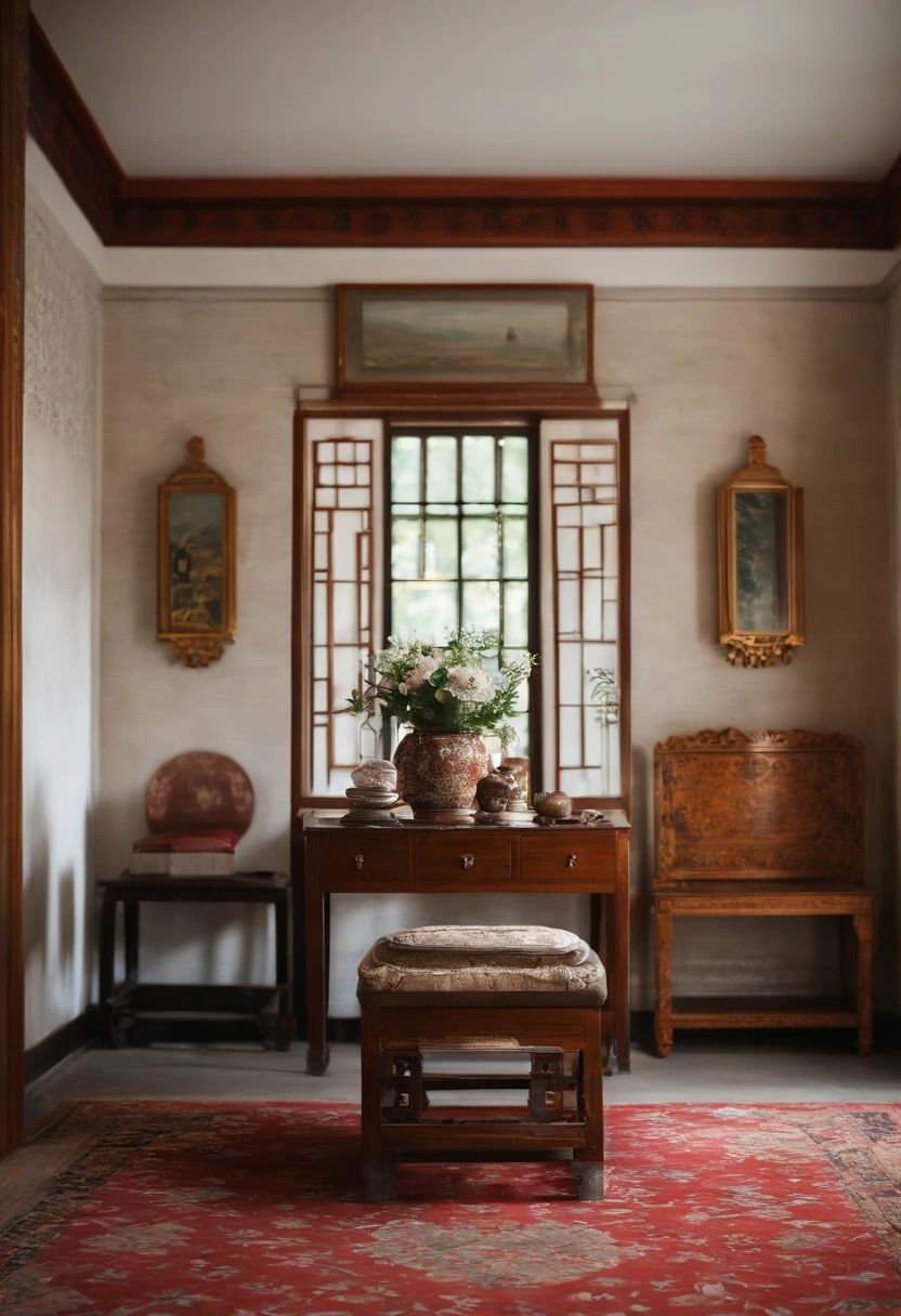 On the wall of the room there is a painting with a vase,China-style，inspired by Emperor Huizong of Song, interior background art, personal room background, palace background, There is only one wall in the background，inspired by Ohara Koson, Chinese style wallpaper style