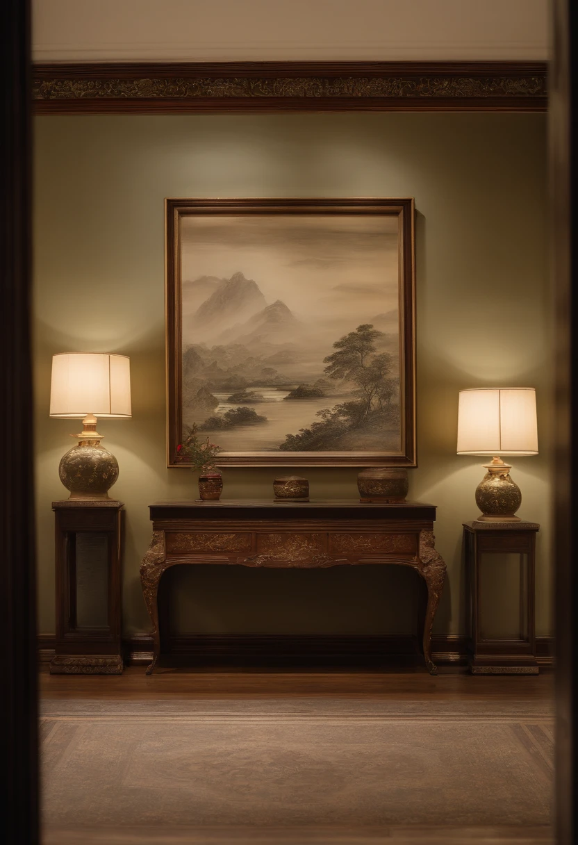 On the wall of the room there is a painting with a vase,China-style，inspired by Emperor Huizong of Song, interior background art, personal room background, palace background, There is only one wall in the background，inspired by Ohara Koson, Chinese style wallpaper style