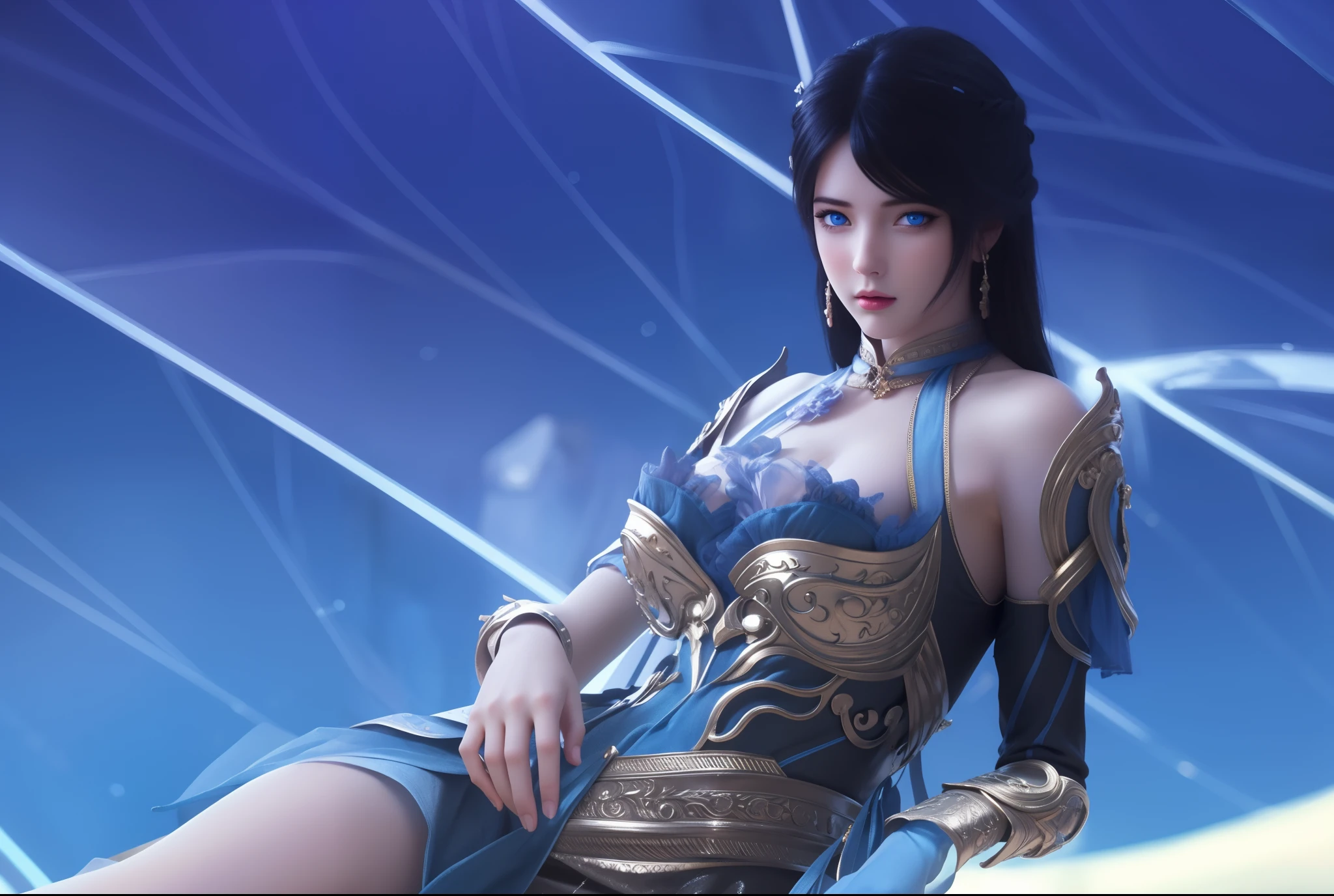(hyperrealistic), (illustration), (high resolution), (8K), (extremely detailed), (best illustration), (beautiful detailed eyes), (best quality), (ultra-detailed), (masterpiece), (wallpaper), (photorealistic), (natural light), (rim lighting), (detailed face), (high detailed realistic skin texture), (anatomically correct), (solo), (1 girl), (high detailed realistic hair), (black hair:1.35), (heterochromic eyes), (detailed eyes), (blue eyes:1.37), (sparkling eyes), (realistic big breasts:1.5), (exposed breasts:1.35), (long legs), (slender abs), (dynamic pose), (closed tiny mouth:1.3), nsfw, concentrated expression.