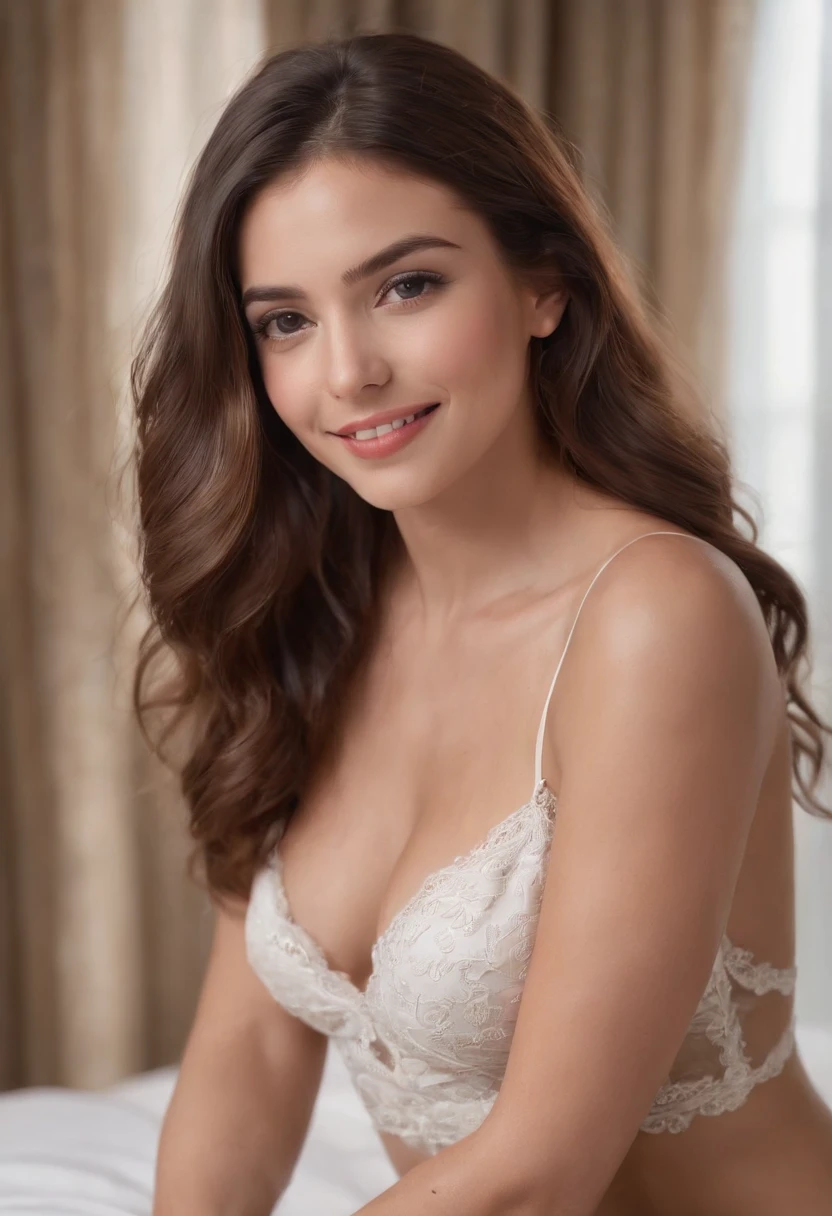 hermosa chica latina, 20 years old, desnudo, pechos regulares y cara hermosa, smailing y divertido, cabello rizado, Full body in a hotel room, fotorrealista, cinematographic image, ultra realistic, beautiful smile, few freckles, hot model, natural face, natural make-up, immersive eyes