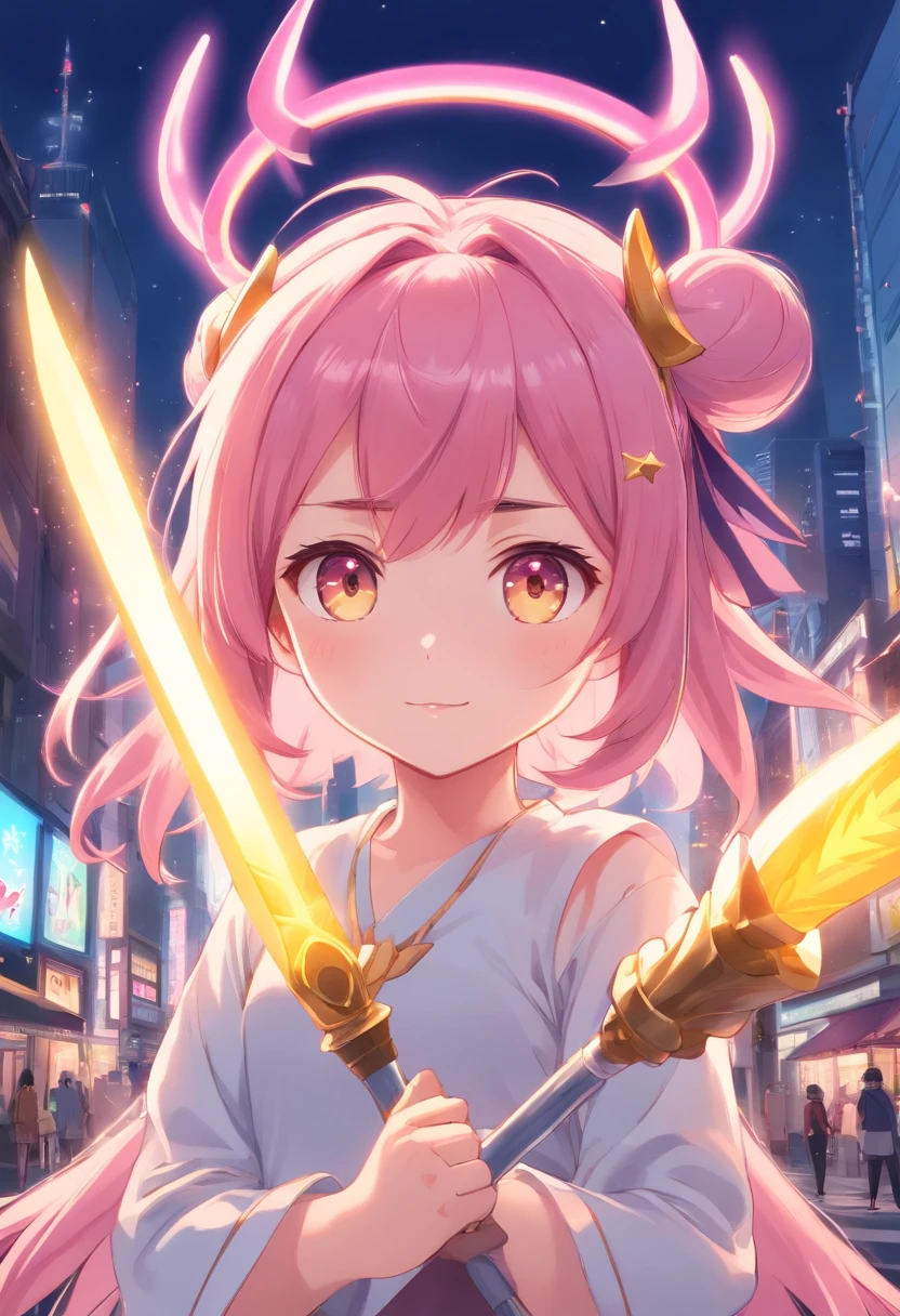 a petite girl, loli eyes, pink hair, two round horns and a yellow crown, two large round buns in the back, about 1 meter 4 tall, loli shape, holding a staff