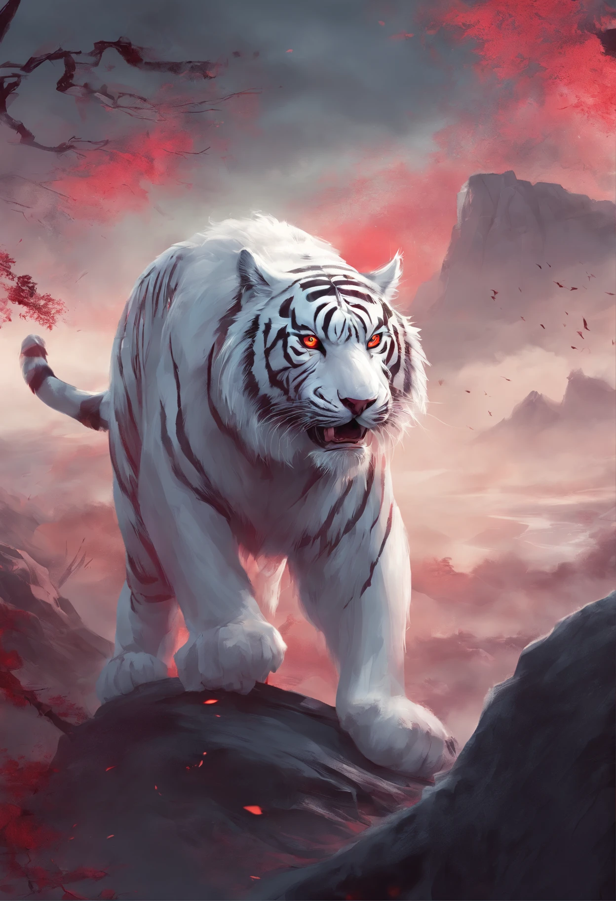 China-style,Chinese mythology,White Tiger,roar,ferocious,gigantic,Eyes glow red,glow effects,High hills,cloudy fog,the night,Medium View Scene,body complet, like a, highly detailed surreal vfx,oc render, - AR 16:9 --q 2 --s 1000