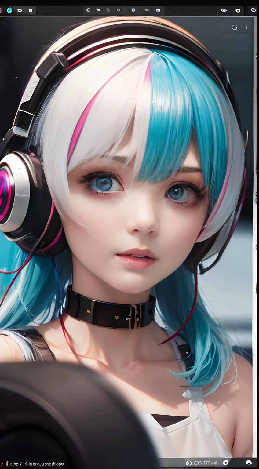 ((best qualtiy)), ((tmasterpiece)), (detail:1.4), Beautiful Cyberpunk Woman Image,headphones、Heart-shaped choker、sixteen years old, nffsw(HighDynamicRange),Ray traching,NVIDIA RTX,Hyper-Resolution,illusory 5,Sub-surface scattering,PBR Textures,post processed,Anisotropy Filtering,depth of fields,maximum definition and sharpness,multi-layer texture,Albedo e mapas Speculares,Surface Coloring,Mitsu-Accurate simulation of material interactions,Perfectly proportioned,rendering by octane,Two-colored light,Large aperture,Low ISO,White Balance,Rule three points、8K raw data、Beautiful bright red pupils,Off-the-shoulder clothing,Fine pupils,Delicate face and eyes,long eyelasher,Blushlush,Delicate and fluffy hair,Pink twin tail hair with light blue gradient,lip,pure,Cute face,Sweet girl,Artistic sense,Casual wear,Advanced Sense、, Beautiful Hair Accessories,long hair and waist,Hair fluttering in the wind,gazing at viewer、front facing、A slight smil