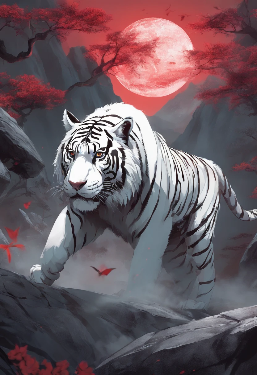 China-style,Chinese mythology,White Tiger,roar,ferocious,gigantic,Eyes glow red,glow effects,High hills,cloudy fog,the night,Medium View Scene,body complet, like a, highly detailed surreal vfx,oc render, - AR 16:9 --q 2 --s 1000