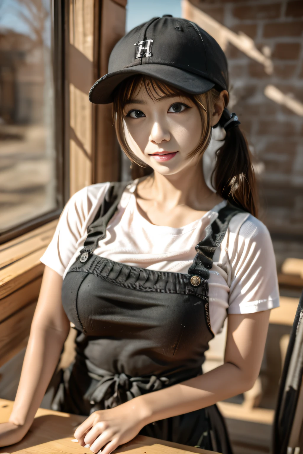 A girl works on a workbench at Starbucks，green apron，Black slim shirt，Black baseball cap， rim-light，The upper part of the body， 鎖骨， the face， idoly， depth of fields， tilt， Reflective，Photorealistic, 超高分辨率, high high quality，Soft light，Best quality at best，tmasterpiece，8K，Hyper Real，