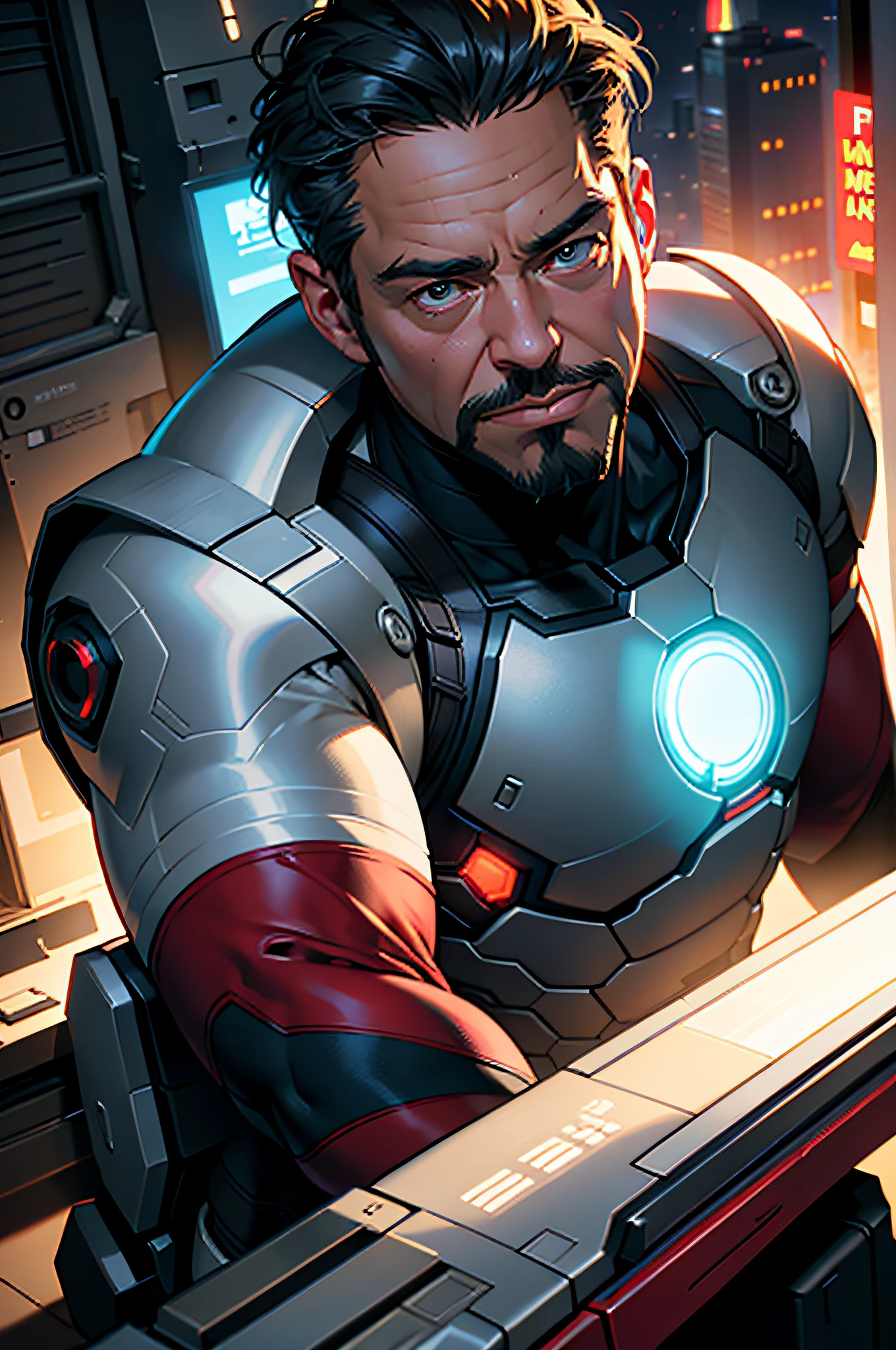 Marvel, Old man Tony Stark, realistically, dynamic lights, old, gray stubble, full shoot, (extremely detailed CG unity 8k wallpaper), trending on ArtStation, trending on CGSociety, High Detail, Sharp focus, dramatic, photorealistic