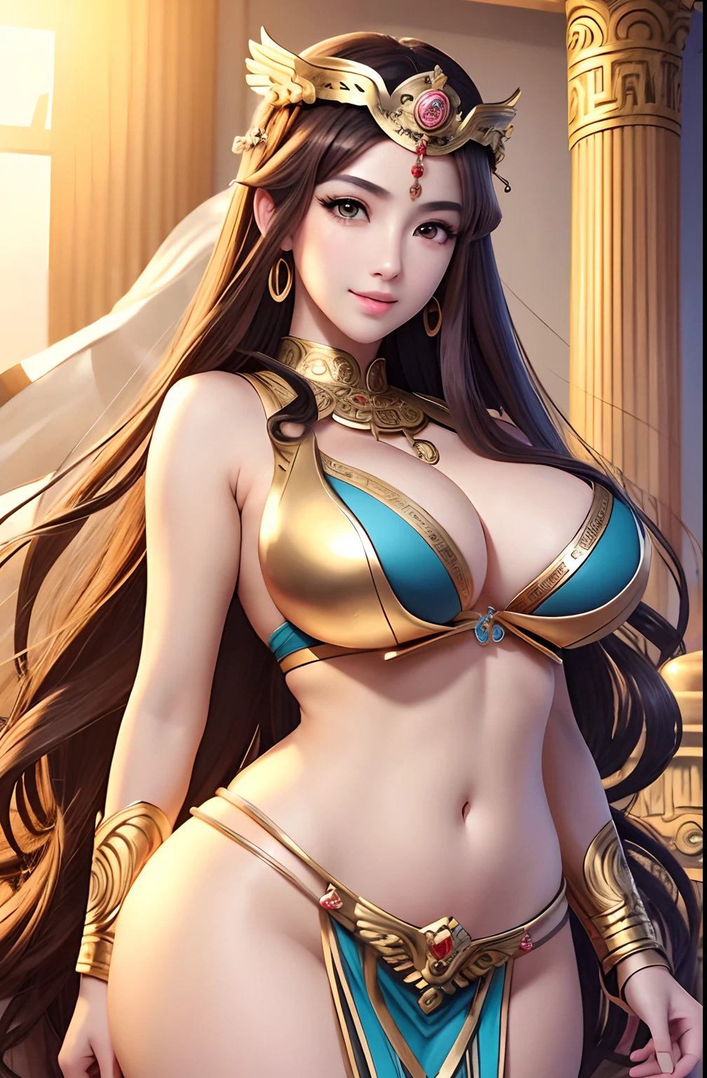 Anime, Athena, (Greek deity), goddess of wisdom, goddess of war, sleeveless, highly detailed face, highly detailed eyes, smokey eyes, extremely long curly hair, pretty face, brown eyes, full lips, wide open smile with parted lips, voluptuous body, large boobs, woman, Asian theme, cleavage,