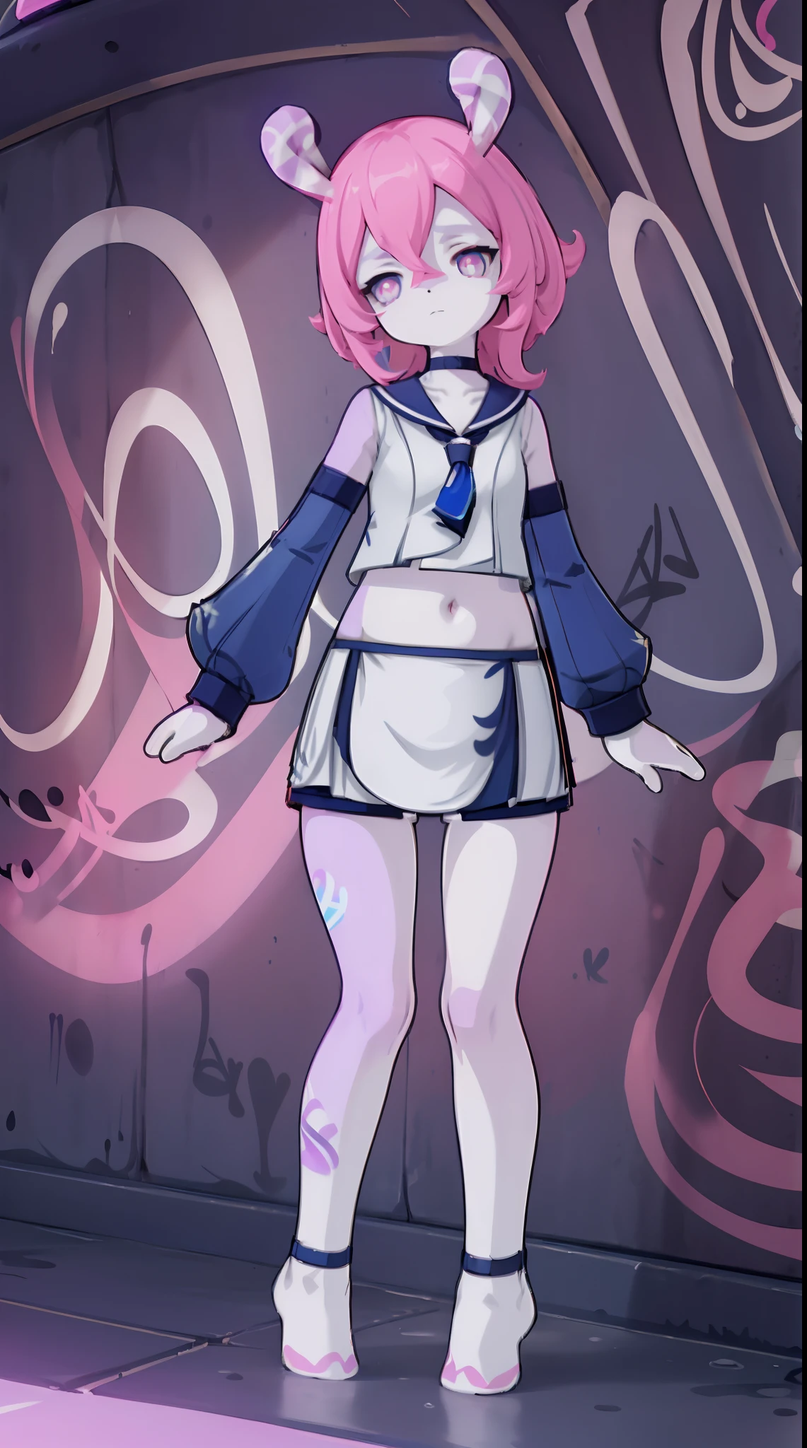 Melousine | genshin impact, master-piece, bestquality, 1girls,25 years old, proportional body, elongated legs, proportional.,sailor suit, short skirt, mediuml breasts, ,bara, crop top, choker, (Graffiti:1.5), Splash with purple lightning pattern., arm behind back, against wall, View viewers from the front., Thigh strap, Head tilt, bored, 10, 10, HD,