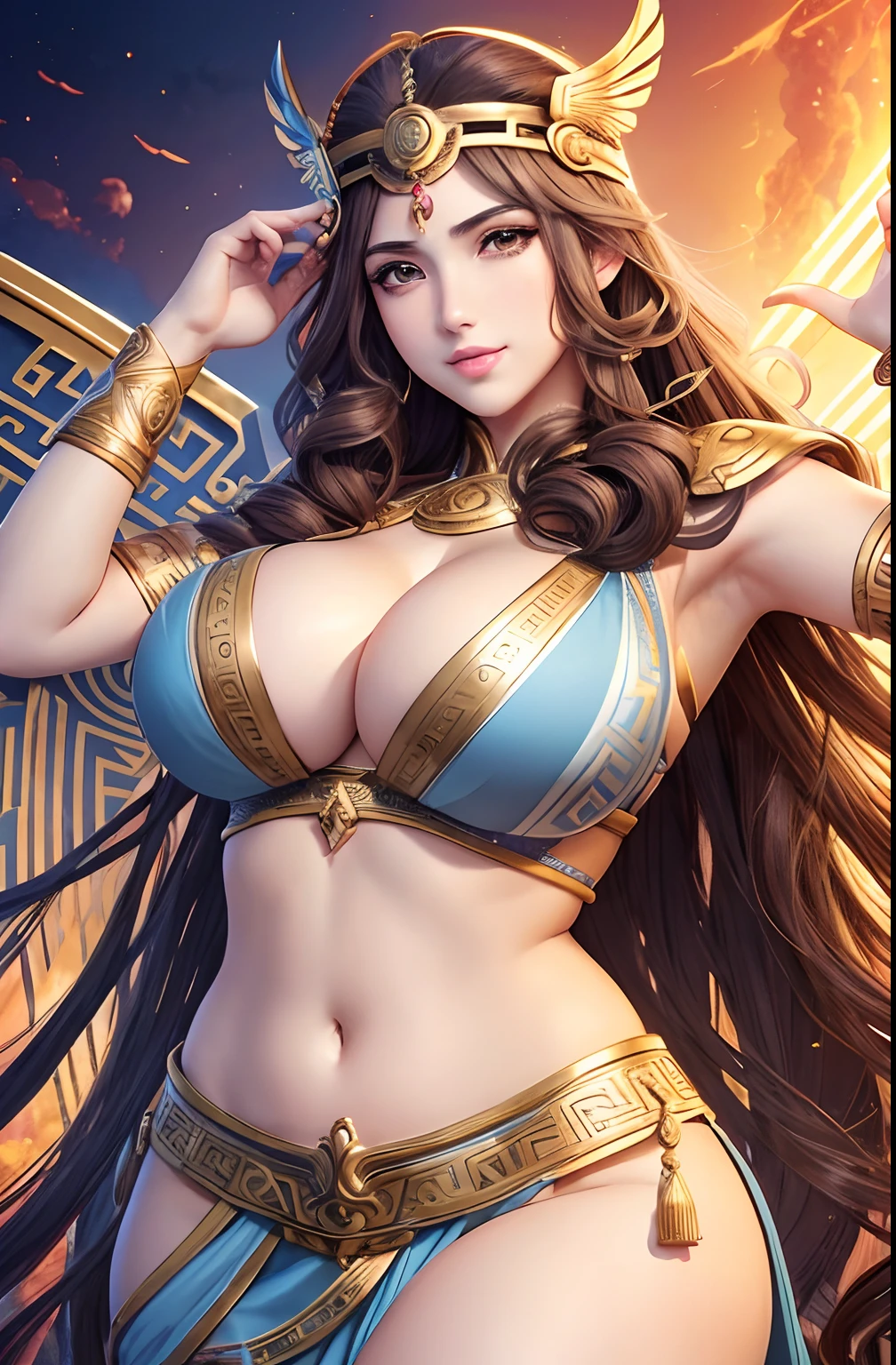 Anime, Athena, (Greek deity), goddess of wisdom, goddess of war, sleeveless, highly detailed face, highly detailed eyes, smokey eyes, extremely long curly hair, pretty face, brown eyes, full lips, wide open smile with parted lips, voluptuous body, large boobs, woman, warrior theme, cleavage,