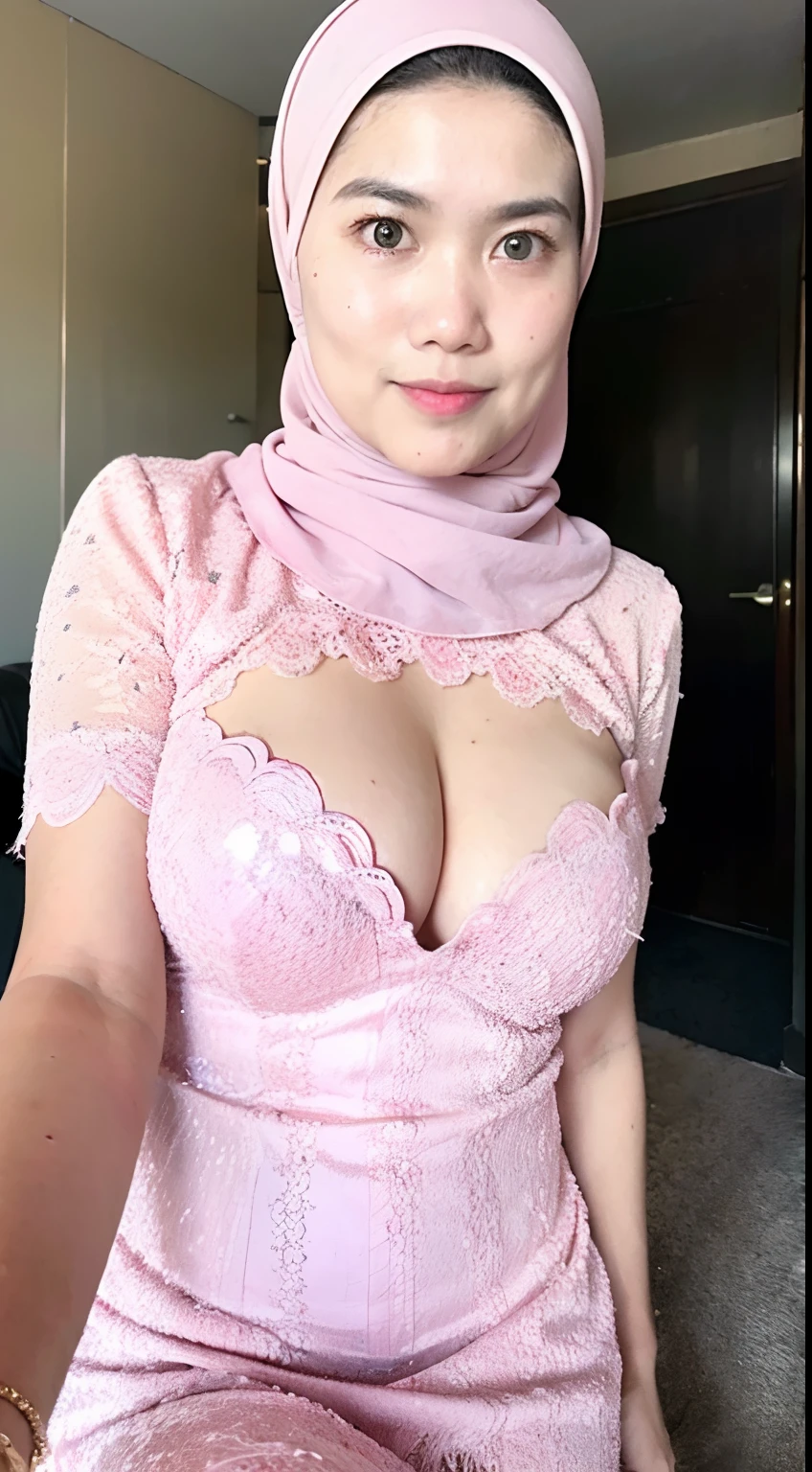 masterpiece, best quality, hyper realistic, 1 indonesian hijab girl, 18 years old, modern plain hijab, shy, medium portrait, watery eyes, pink glowing particles, (wearing pastel pink with open breasts kebaya), ((big breasts)), open breasts, breast out, pink light bokeh background, well-proportioned body,