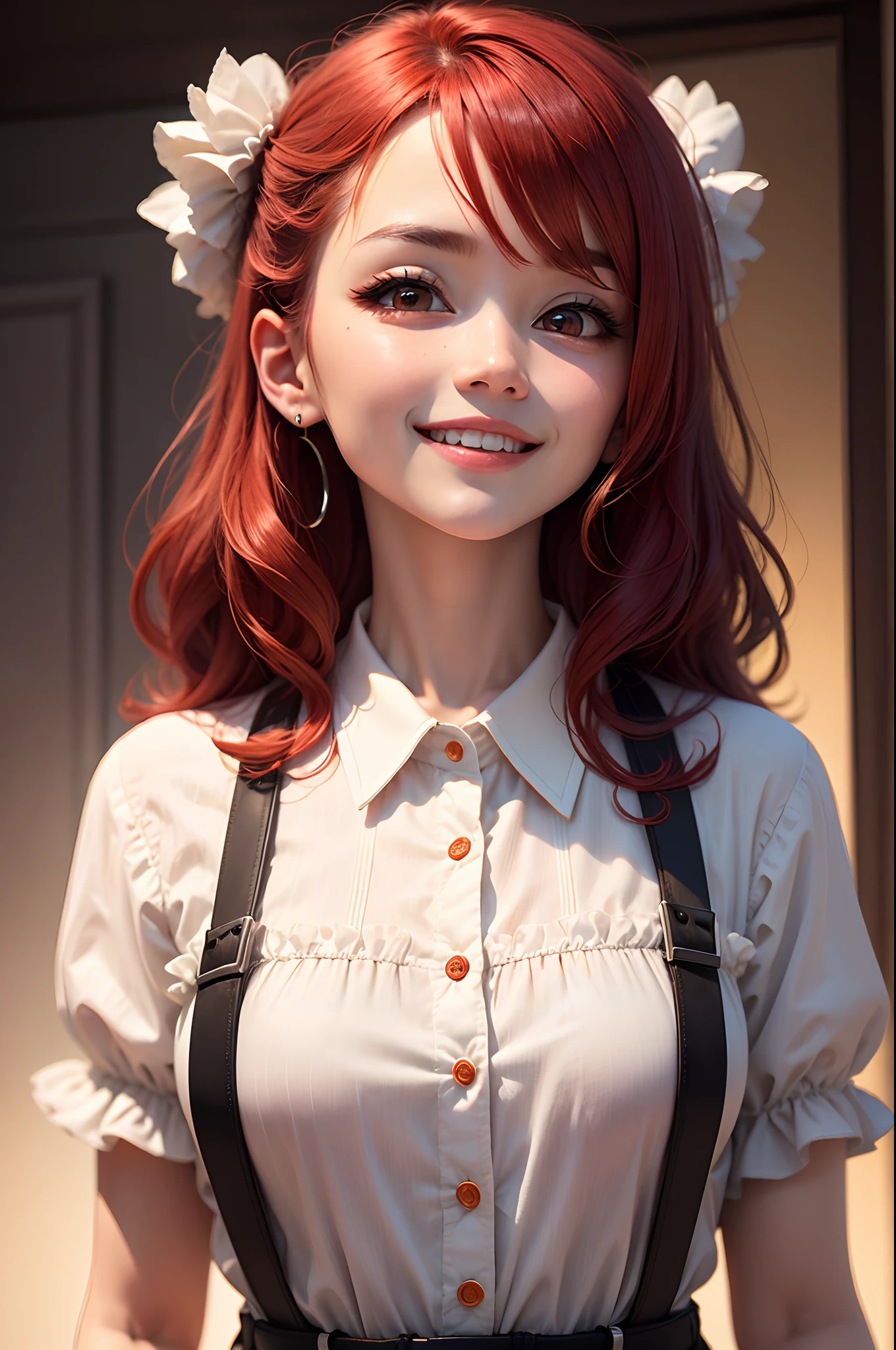 Top Quality, Masterpiece, Black Hair, Red Eyes, Looking Up, Upper Body, Kawaii, Ruffled Shirt, Smile,Red Hair