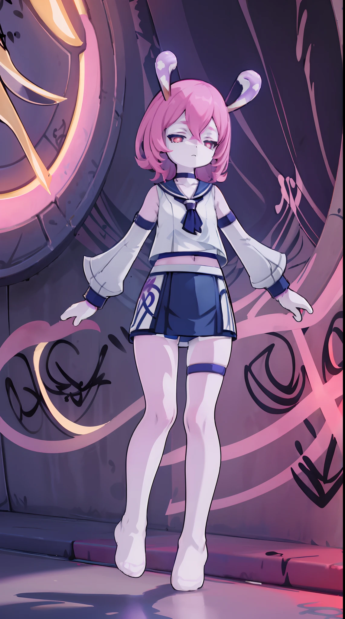 Melousine | genshin impact, master-piece, bestquality, 1girls,25 years old, proportional body, elongated legs, proportional.,sailor suit, short skirt, mediuml breasts, ,bara, crop top, choker, (Graffiti:1.5), Splash with purple lightning pattern., arm behind back, against wall, View viewers from the front., Thigh strap, Head tilt, bored, 10, 10, HD,