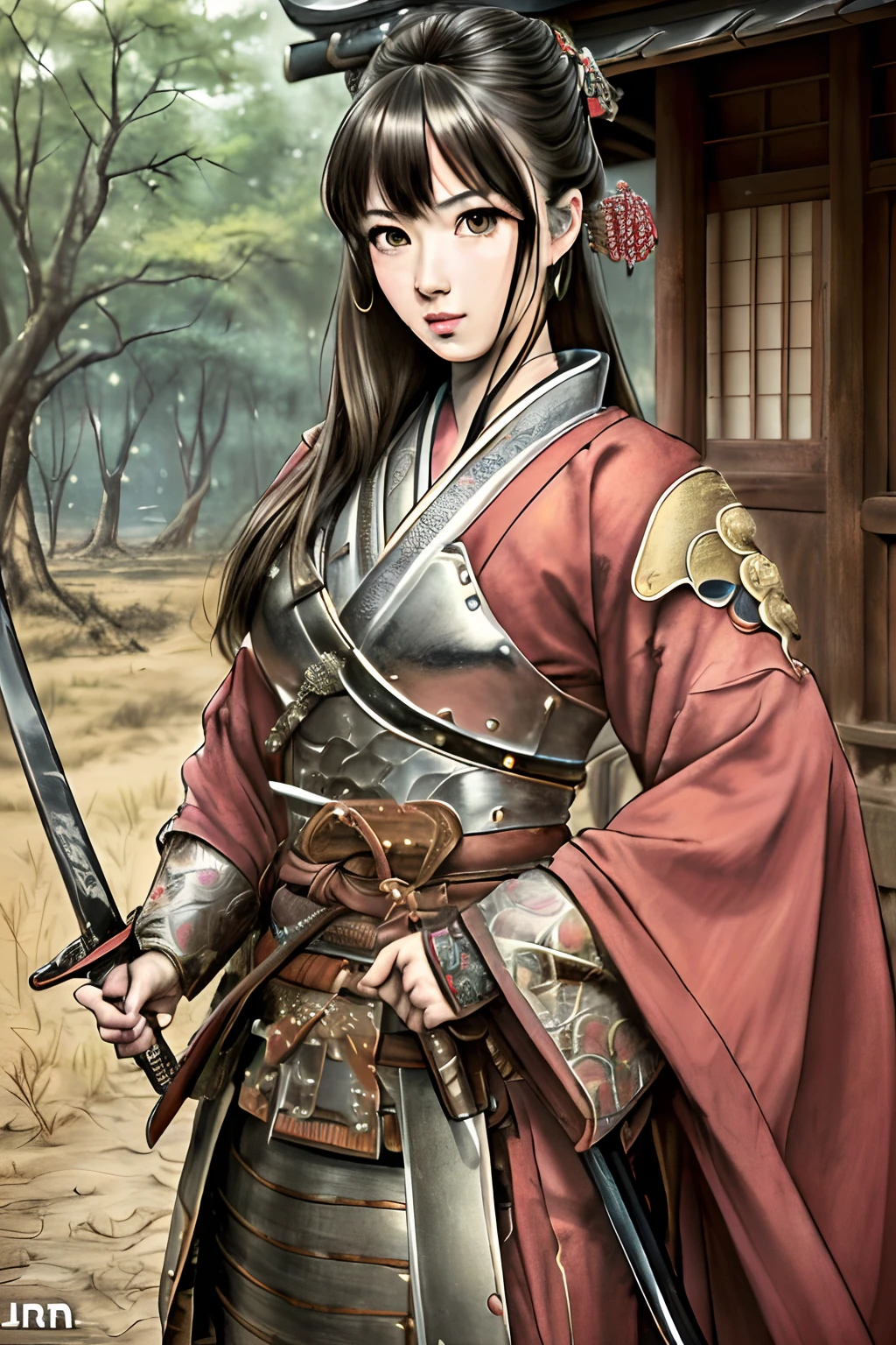 (highres:1.2,best quality,ultra-detailed,realistic:1.37),portraits,detailed eyes, vibrant colors, soft lighting,Japanese, samurai in full armor, rural, full body, sword drawn, female, (large breast), full lips, brown hair, hazel eyes, standing, warrior pose, samurai