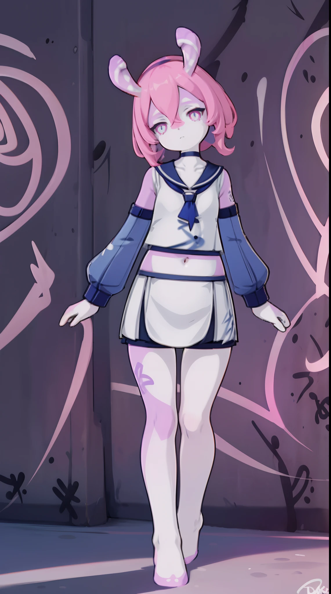 Melousine | genshin impact, master-piece, bestquality, 1girls,25 years old, proportional body, elongated legs, proportional.,sailor suit, short skirt, mediuml breasts, ,bara, crop top, choker, (Graffiti:1.5), Splash with purple lightning pattern., arm behind back, against wall, View viewers from the front., Thigh strap, Head tilt, bored, 10, 10, HD,