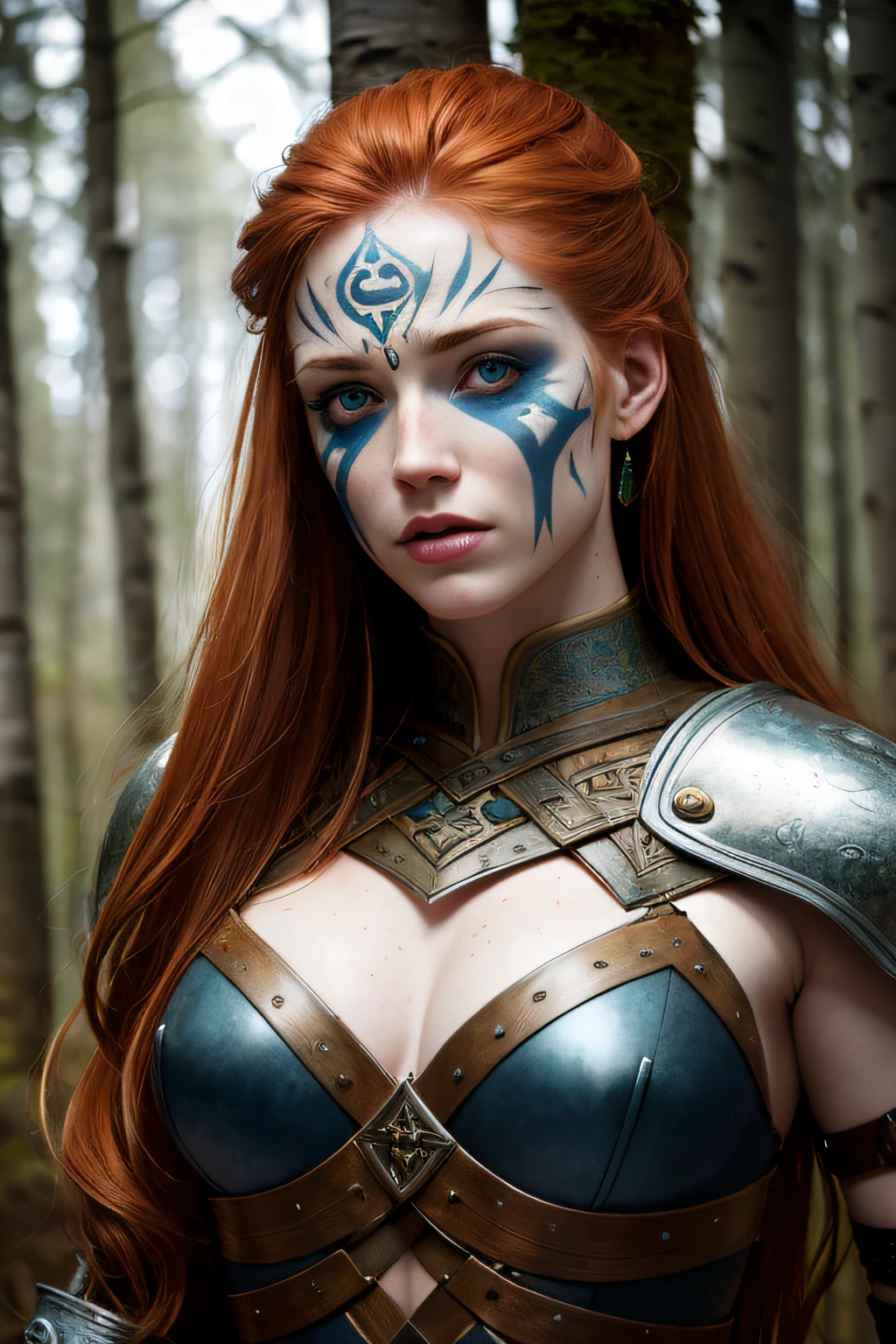 Rule of thirds, An extremely  Beautiful  Woman, pale skin, ginger-hair, Celtic Warrior, Blue weathered War face-paint Birch forest, gritty sharp focus, intricate, digital painting, highly detailed, high detailed face, soft lighting, vibrant colors, masterpiece