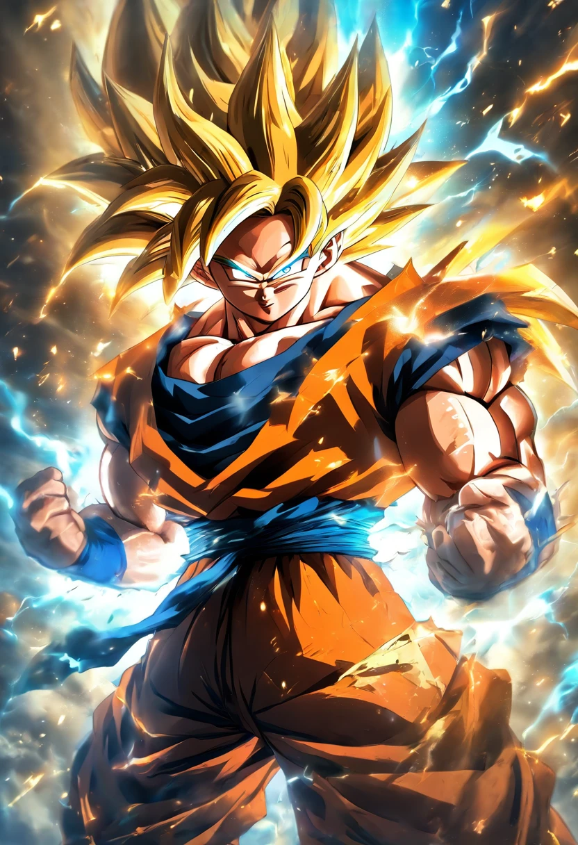 (best quality,4k,8k,highres,masterpiece:1.2),ultra-detailed,(realistic,photorealistic,photo-realistic:1.37),digital illustration,portraits,vivid colors,sharp focus,physically-based rendering,Goku,Super Saiyan,visible muscles,long spiky black hair,intense blue eyes,confident facial expression,ripped orange gi,black undershirt,red wristbands,red boots,powerful aura,energy blasts,flying in mid-air,background with mountains and clouds,lit by golden sunlight.