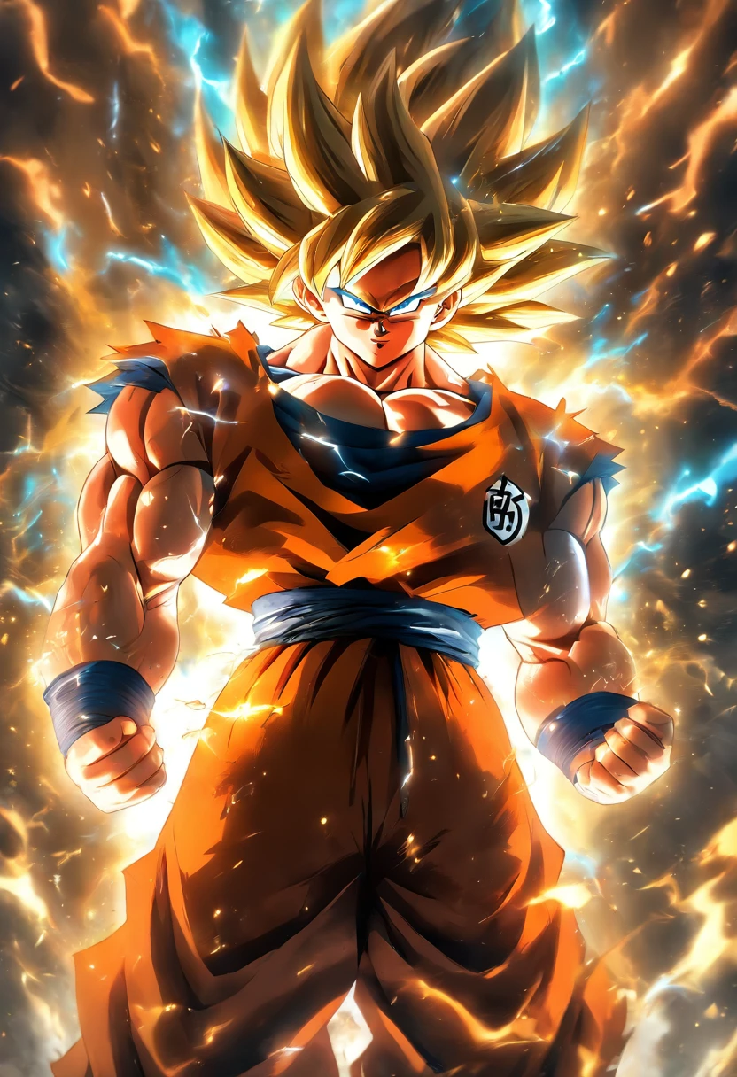 (best quality,4k,8k,highres,masterpiece:1.2),ultra-detailed,(realistic,photorealistic,photo-realistic:1.37),digital illustration,portraits,vivid colors,sharp focus,physically-based rendering,Goku,Super Saiyan,visible muscles,long spiky black hair,intense blue eyes,confident facial expression,ripped orange gi,black undershirt,red wristbands,red boots,powerful aura,energy blasts,flying in mid-air,background with mountains and clouds,lit by golden sunlight.