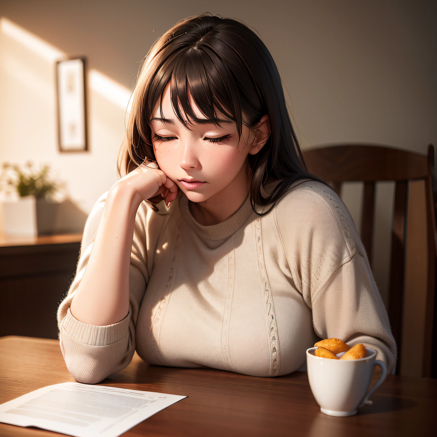 (RAW photo, Best quality), (Realistic, photo-realistic:1.2),High quality, (highdetailskin:1.4), 1girll,curving,fell asleep on the table,The arm is used as a pillow,Sweaters