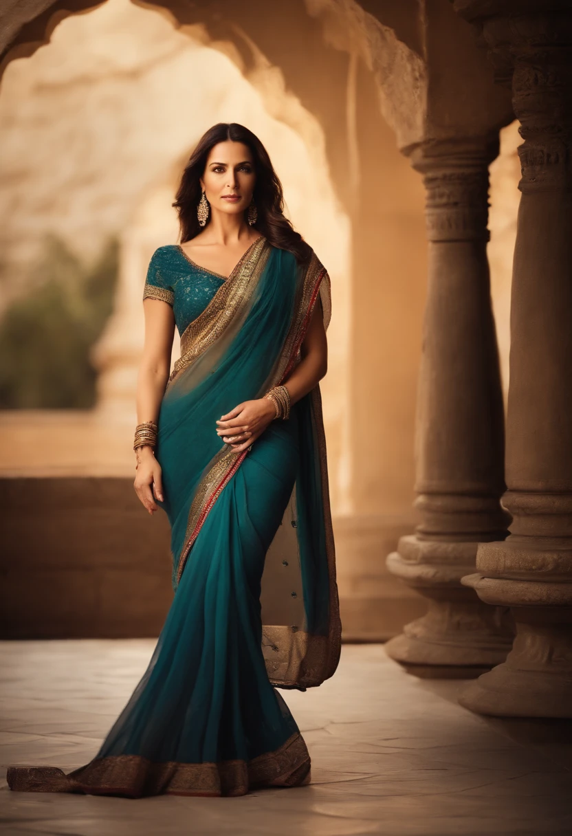 Monica Belluci in Indian Sari with Joy Face Extra Detailed Body Slim Silhouette