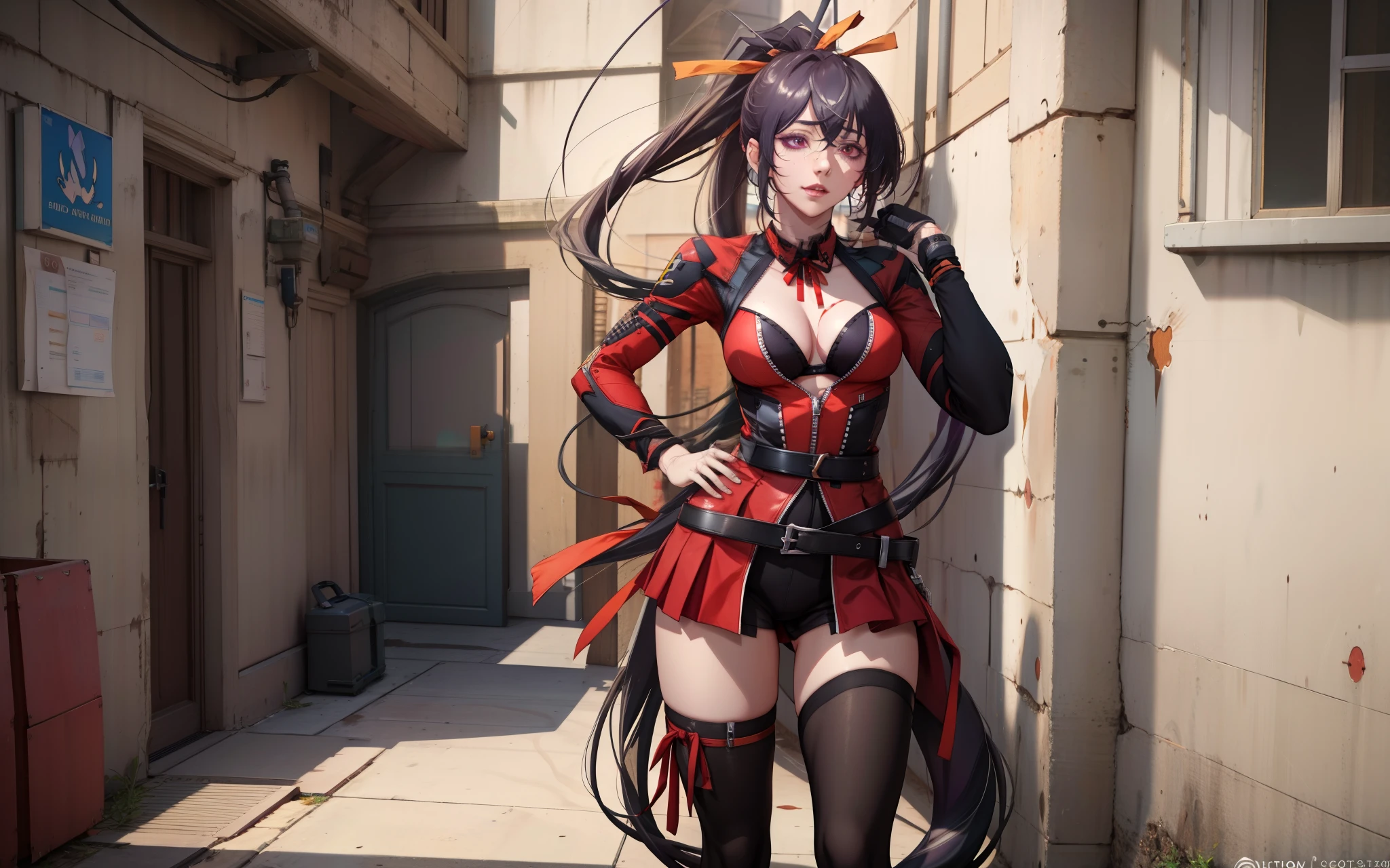 himejima_akeno, (black hair, ponytail, long hair, ribbon:1.6), 1girl, breasts, thighhighs, solo, standing, medium_breasts, cleavage, belt, black_legwear, looking_at_viewer, hand_on_hip, gloves, glow effects, godrays, Hand drawn, render, 8k, octane render, cinema 4d, blender, dark, atmospheric 4k ultra detailed, cinematic, Sharp focus, big depth of field, Masterpiece, colors, 3d octane render, 4k, concept art, trending on artstation, hyperrealistic, Vivid colors, extremely detailed CG unity 8k wallpaper, trending on CGSociety, Intricate, High Detail, dramatic