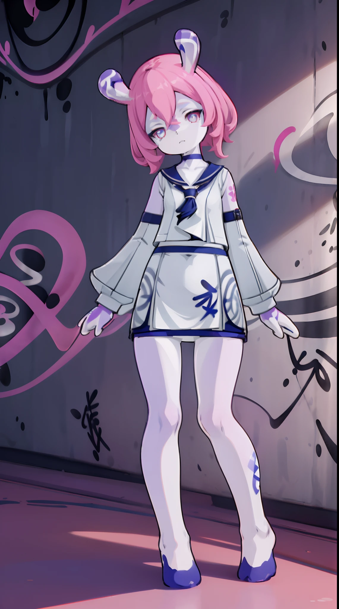 Melousine | genshin impact, master-piece, bestquality, 1girls,25 years old, proportional body, elongated legs, proportional.,sailor suit, short skirt, mediuml breasts, ,bara, crop top, choker, (Graffiti:1.5), Splash with purple lightning pattern., arm behind back, against wall, View viewers from the front., Thigh strap, Head tilt, bored, 10, 10, HD,